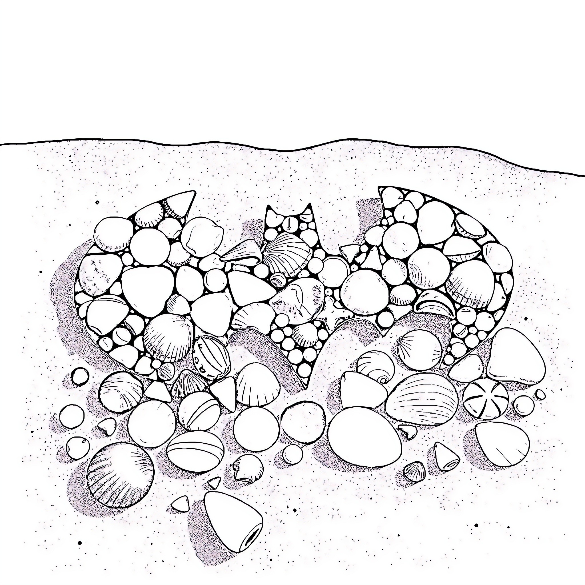 Batman Logo Formed by Seashells on the Beach Coloring Page (free black-and-white line drawing printable PDF for all, from beginners to advanced learners, including children, teens, adults, and seniors)