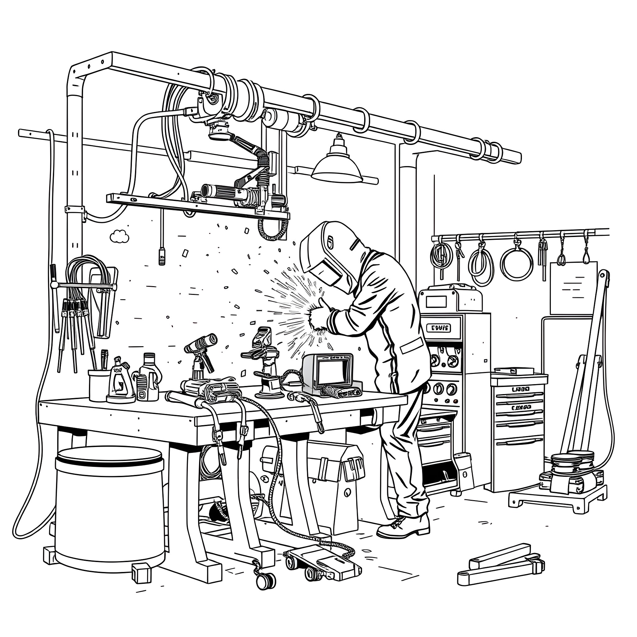 Welding Rig with Worker Performing Welding Tasks Coloring Page (free black-and-white line drawing printable PDF for all, from beginners to advanced learners, including children, teens, adults, and seniors)