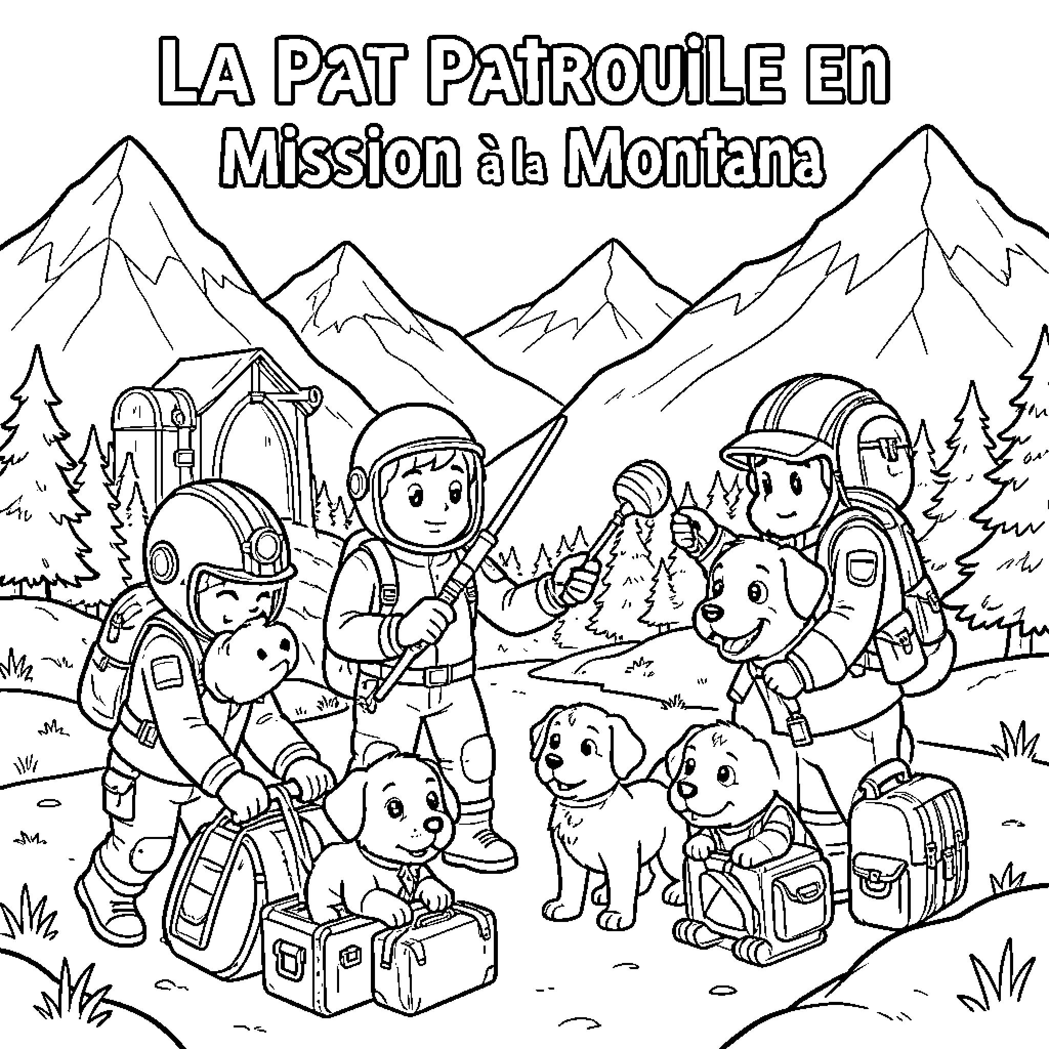 Pat Patrouille pups on a mountain expedition mission Coloring Page (free black-and-white line drawing printable PDF for all, from beginners to advanced learners, including children, teens, adults, and seniors)