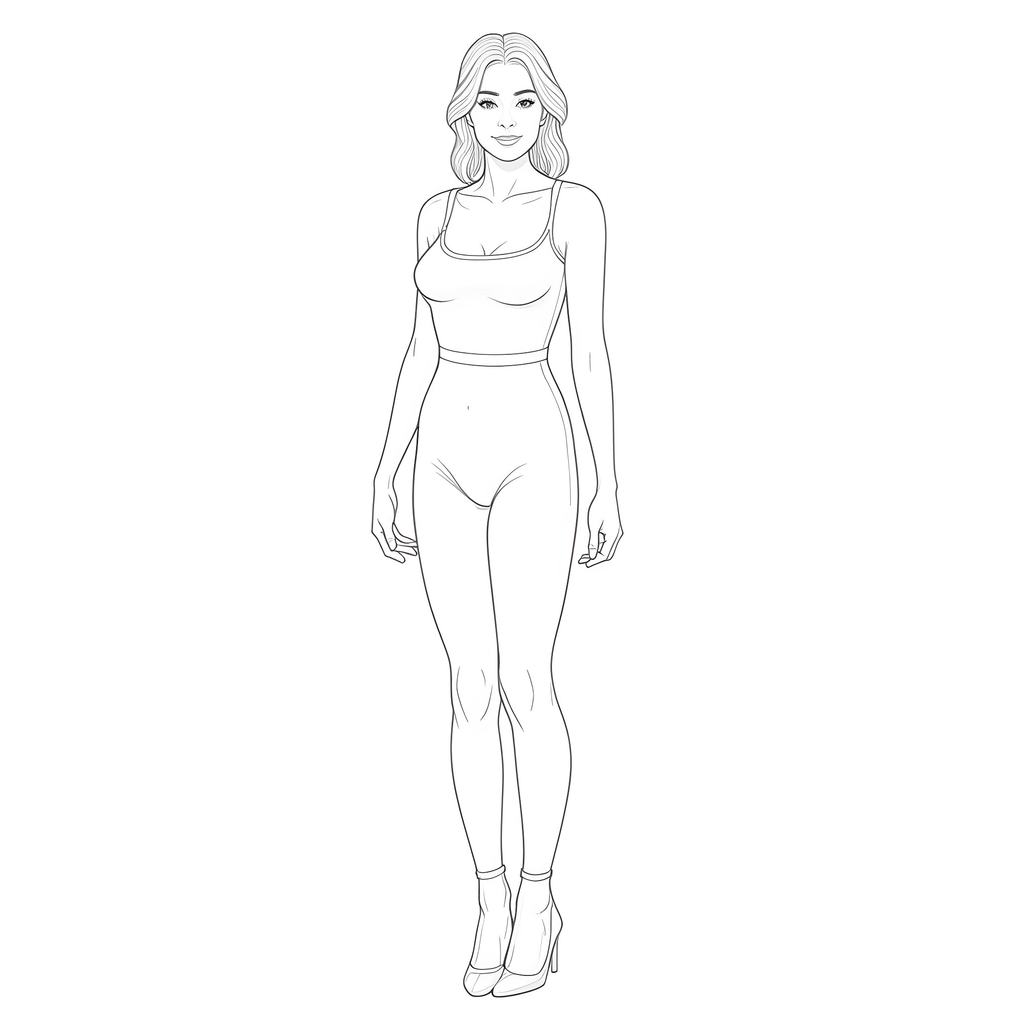 Woman in athletic wear posing confidently Coloring Page (free black-and-white line drawing printable PDF for all, from beginners to advanced learners, including children, teens, adults, and seniors)