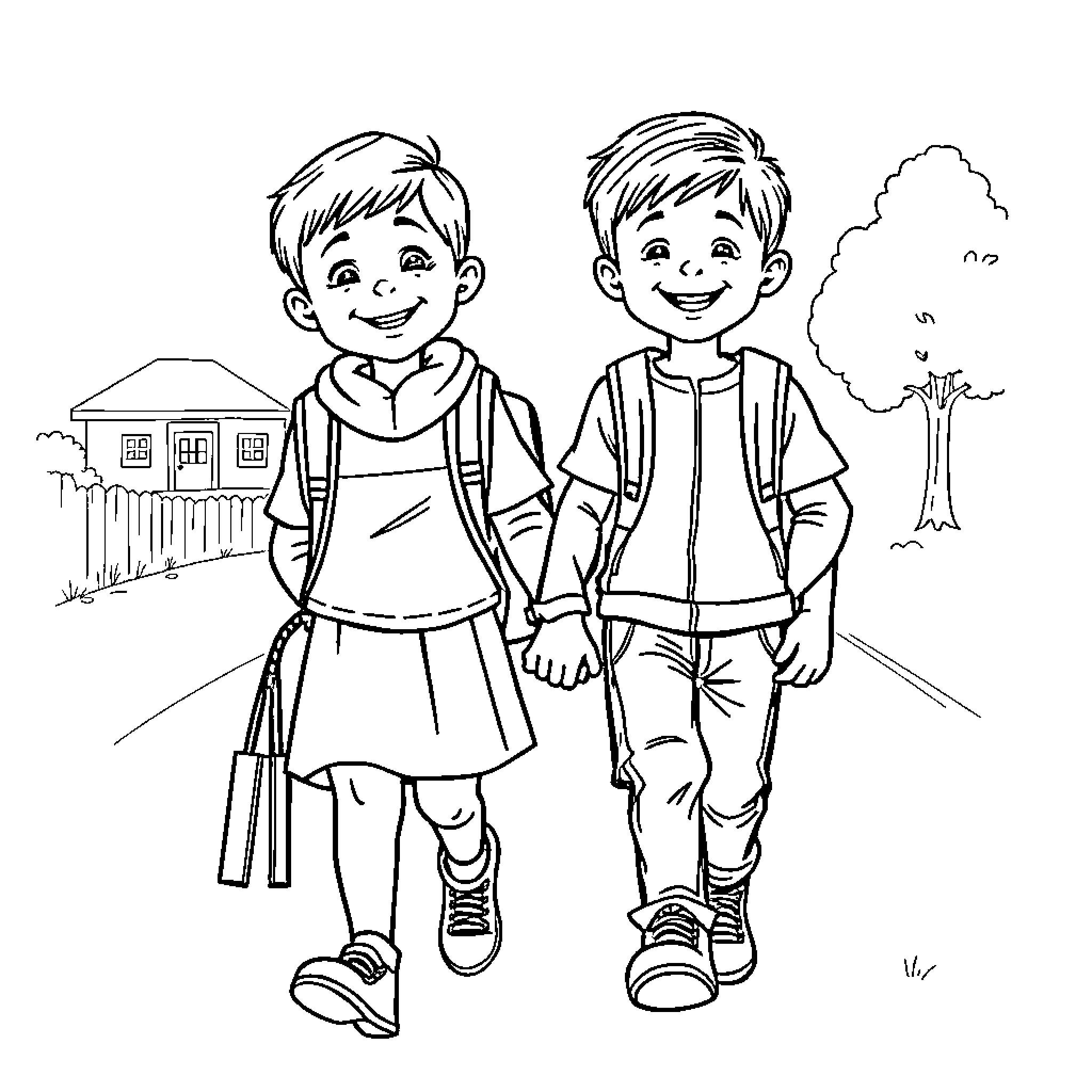 Child friends walking happily in the neighborhood Coloring Page (free black-and-white line drawing printable PDF for all, from beginners to advanced learners, including children, teens, adults, and seniors)