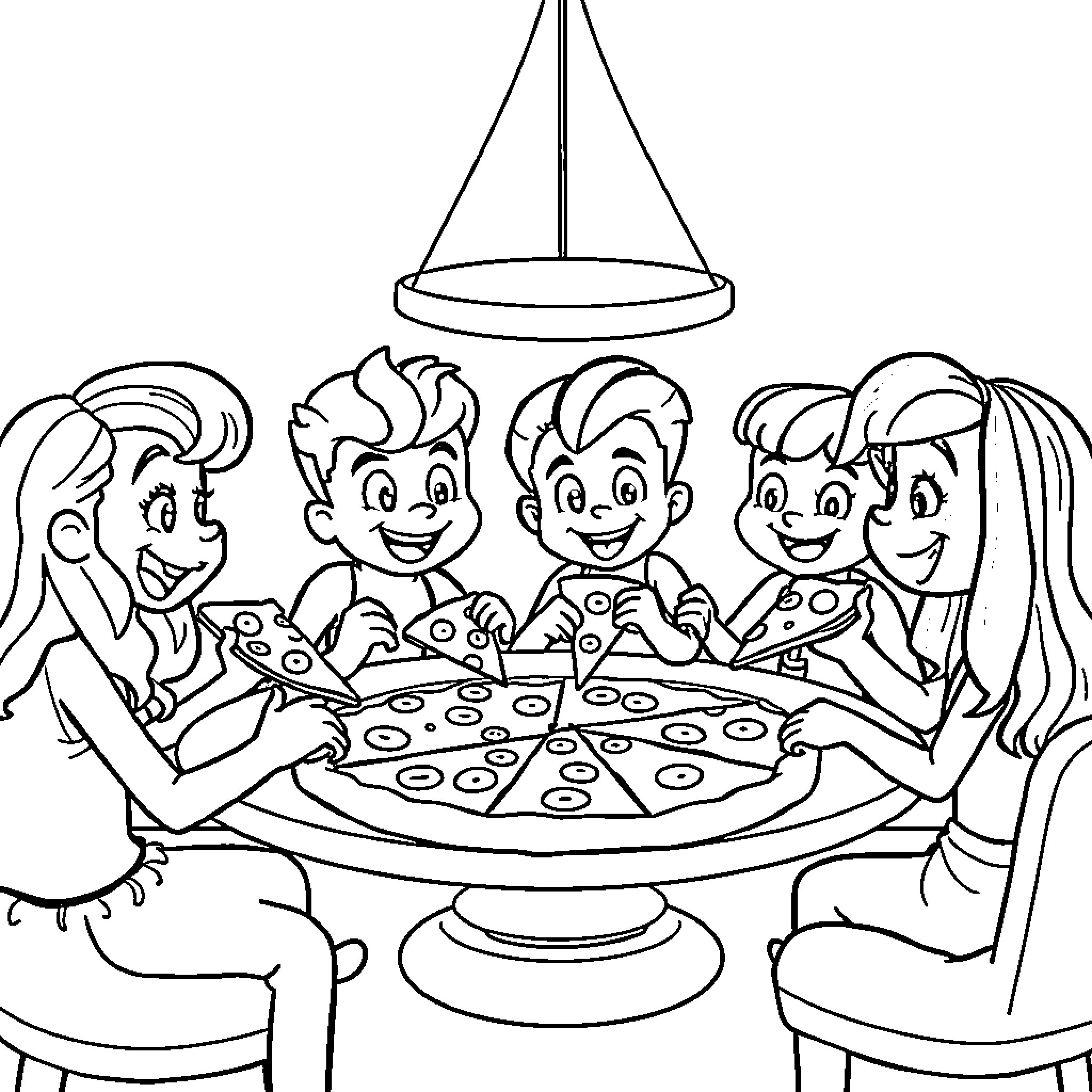Rainbow Friend Family Enjoying Pizza Together Coloring Page (free black-and-white line drawing printable PDF for all, from beginners to advanced learners, including children, teens, adults, and seniors)