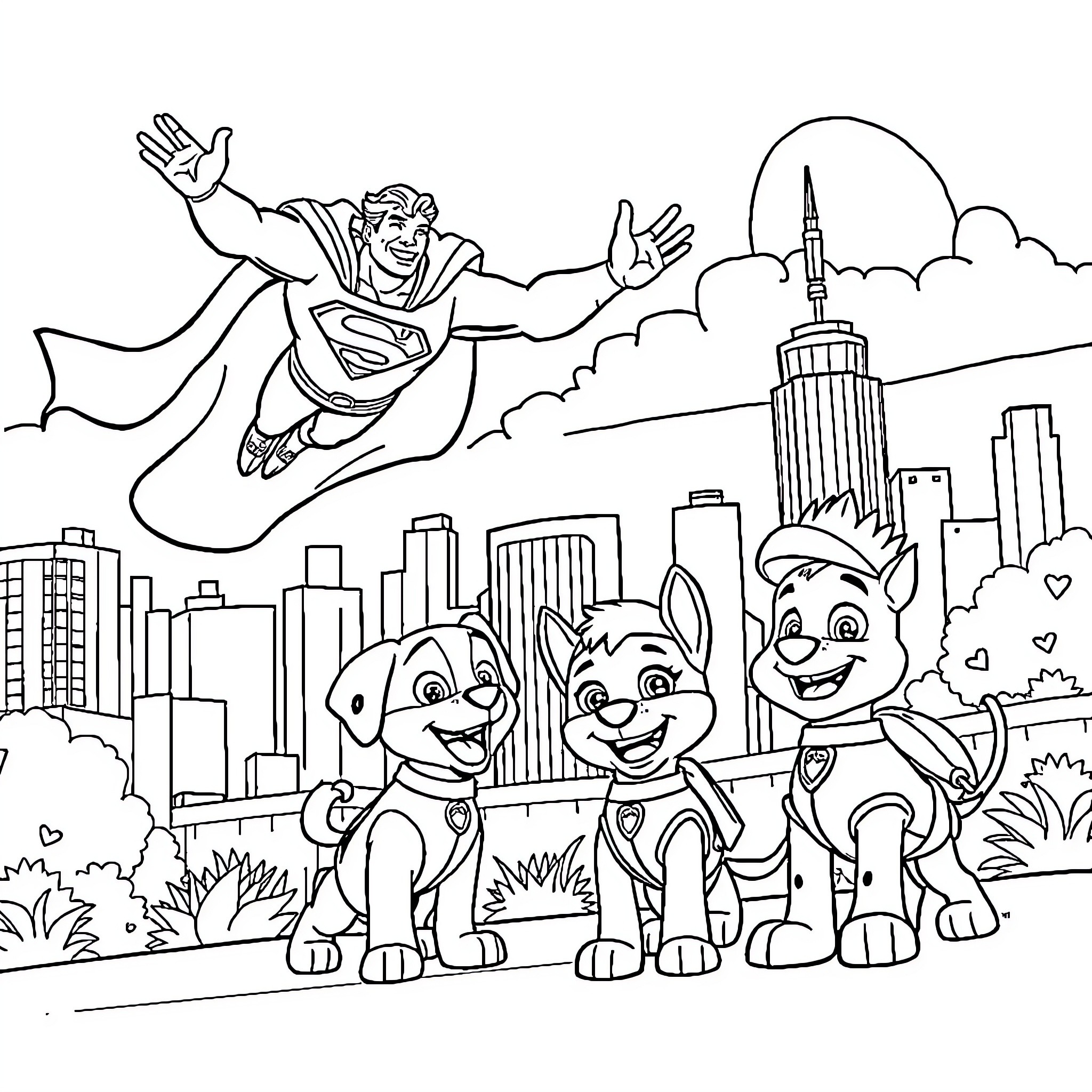 Superman flies over the city with cartoon dogs Coloring Page (free black-and-white line drawing printable PDF for all, from beginners to advanced learners, including children, teens, adults, and seniors)
