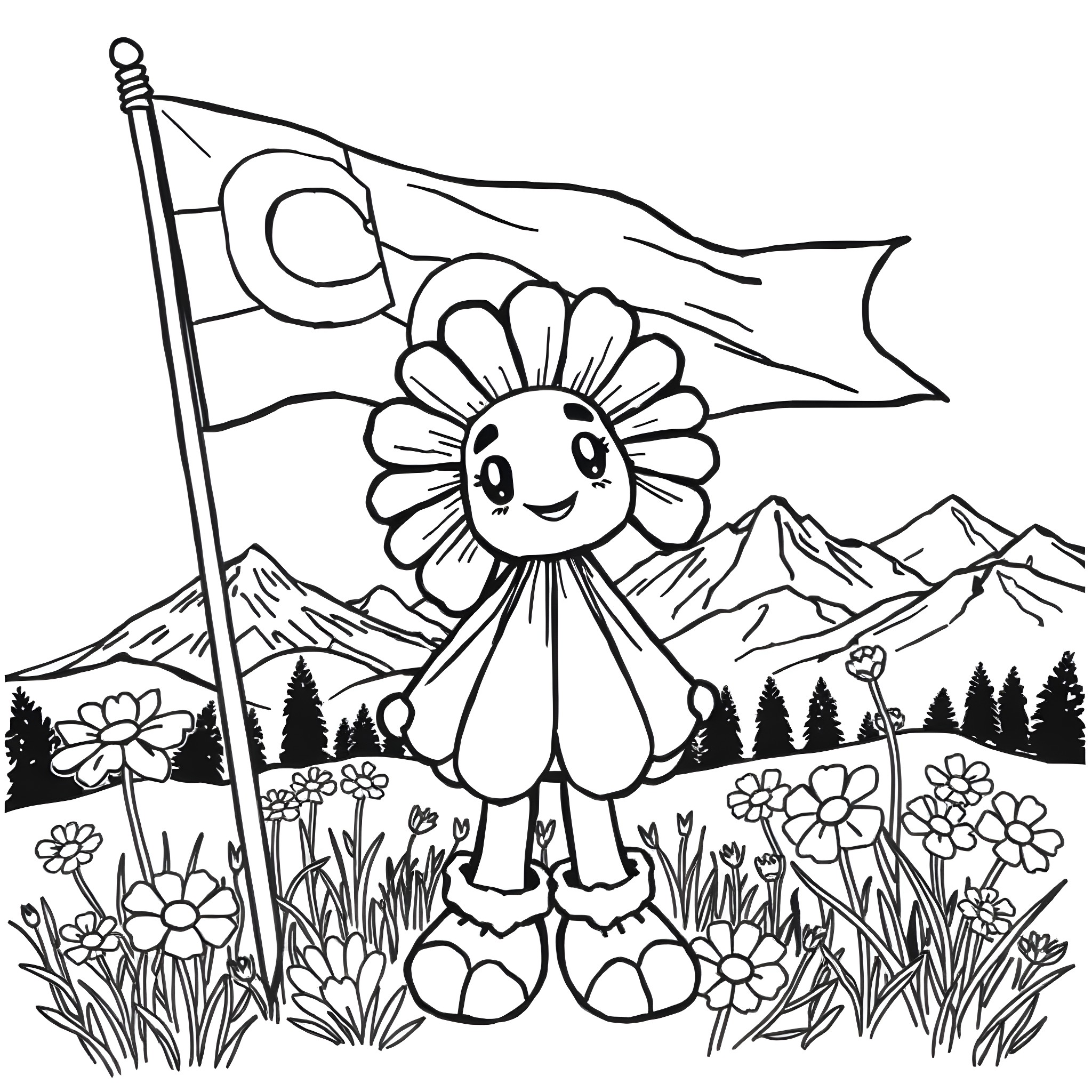 Daisy proudly holding a flag in a floral meadow Coloring Page (free black-and-white line drawing printable PDF for all, from beginners to advanced learners, including children, teens, adults, and seniors)