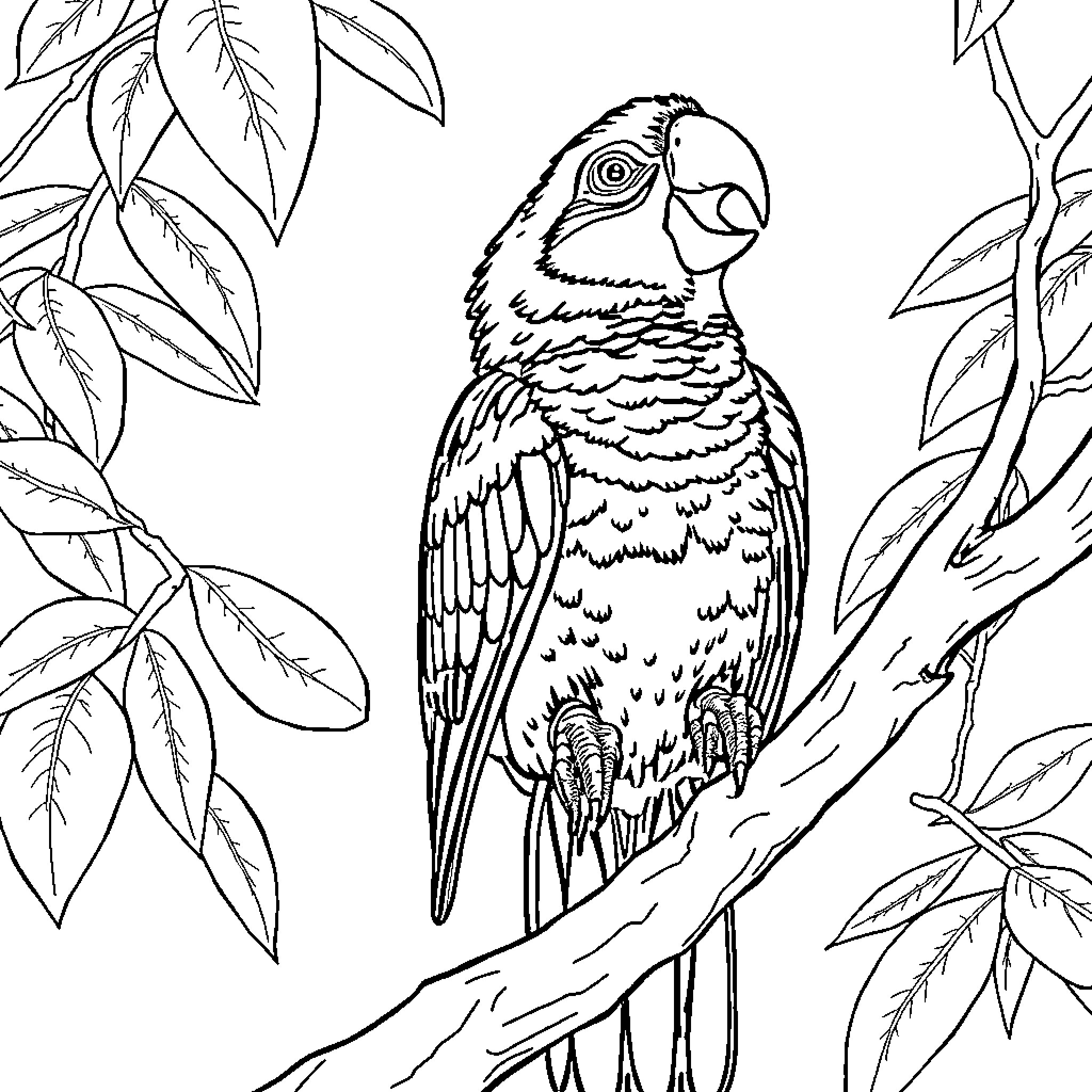 Parrot perched amidst lush foliage Coloring Page (free black-and-white line drawing printable PDF for all, from beginners to advanced learners, including children, teens, adults, and seniors)