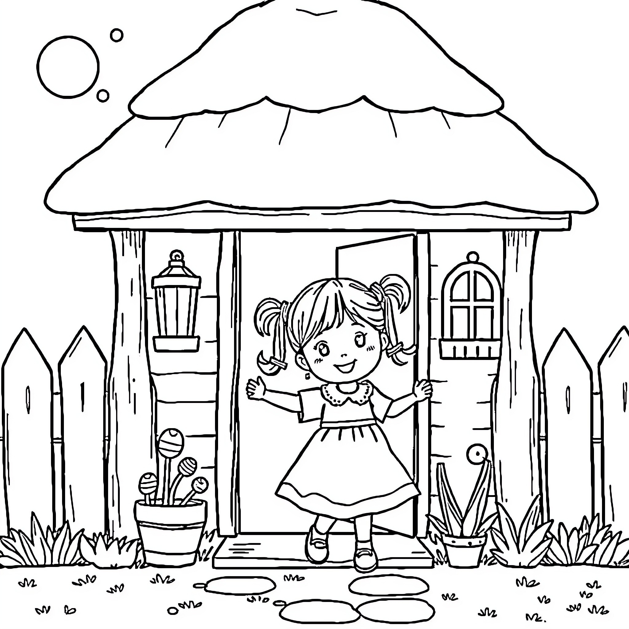 Girl standing in front of a cottage in the countryside Coloring Page (free black-and-white line drawing printable PDF for all, from beginners to advanced learners, including children, teens, adults, and seniors)