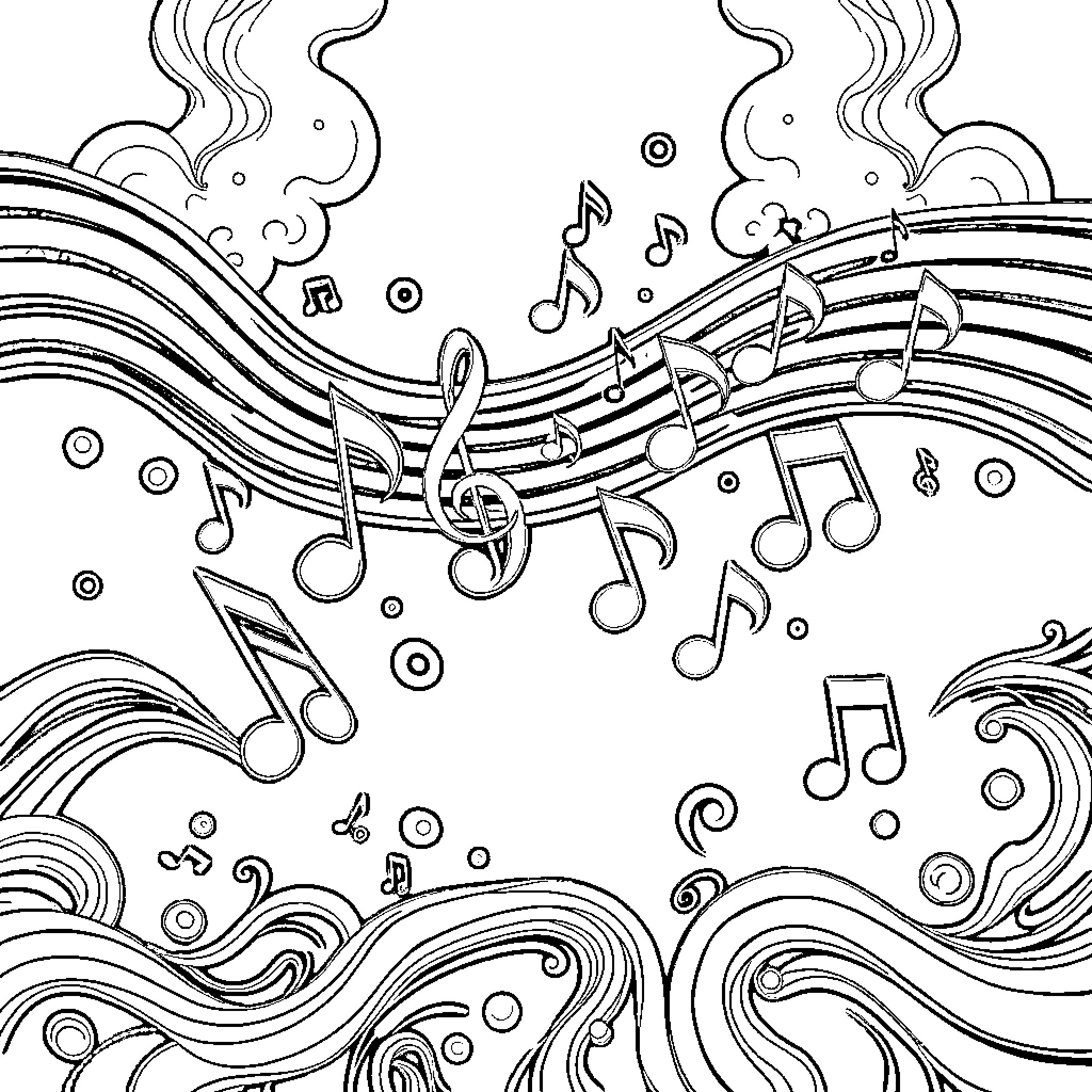 Music Note Filled with Playful Musical Symbols Coloring Page (free black-and-white line drawing printable PDF for all, from beginners to advanced learners, including children, teens, adults, and seniors)