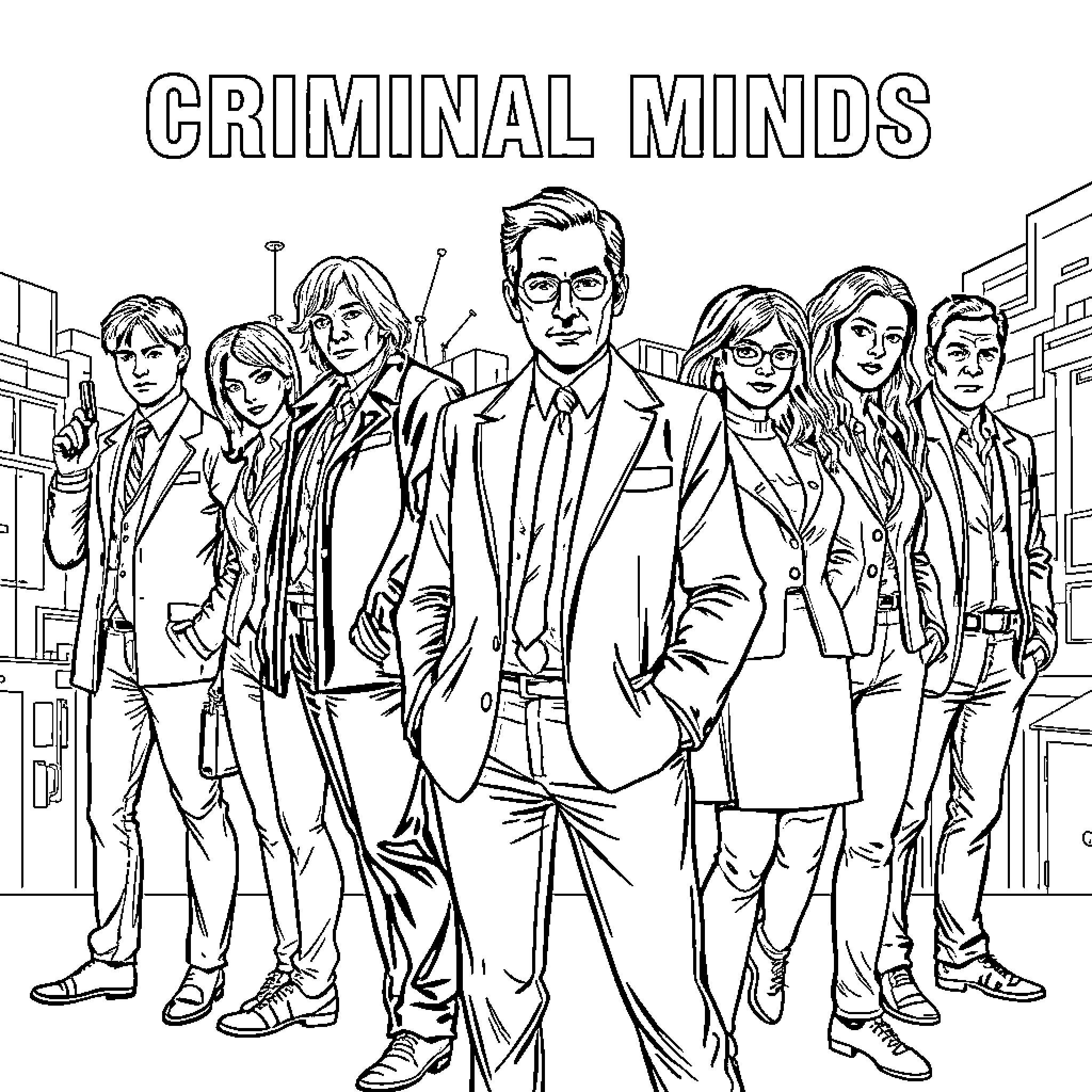 Criminal Minds: Team Assembled in Action-Packed Scene Coloring Page (free black-and-white line drawing printable PDF for all, from beginners to advanced learners, including children, teens, adults, and seniors)