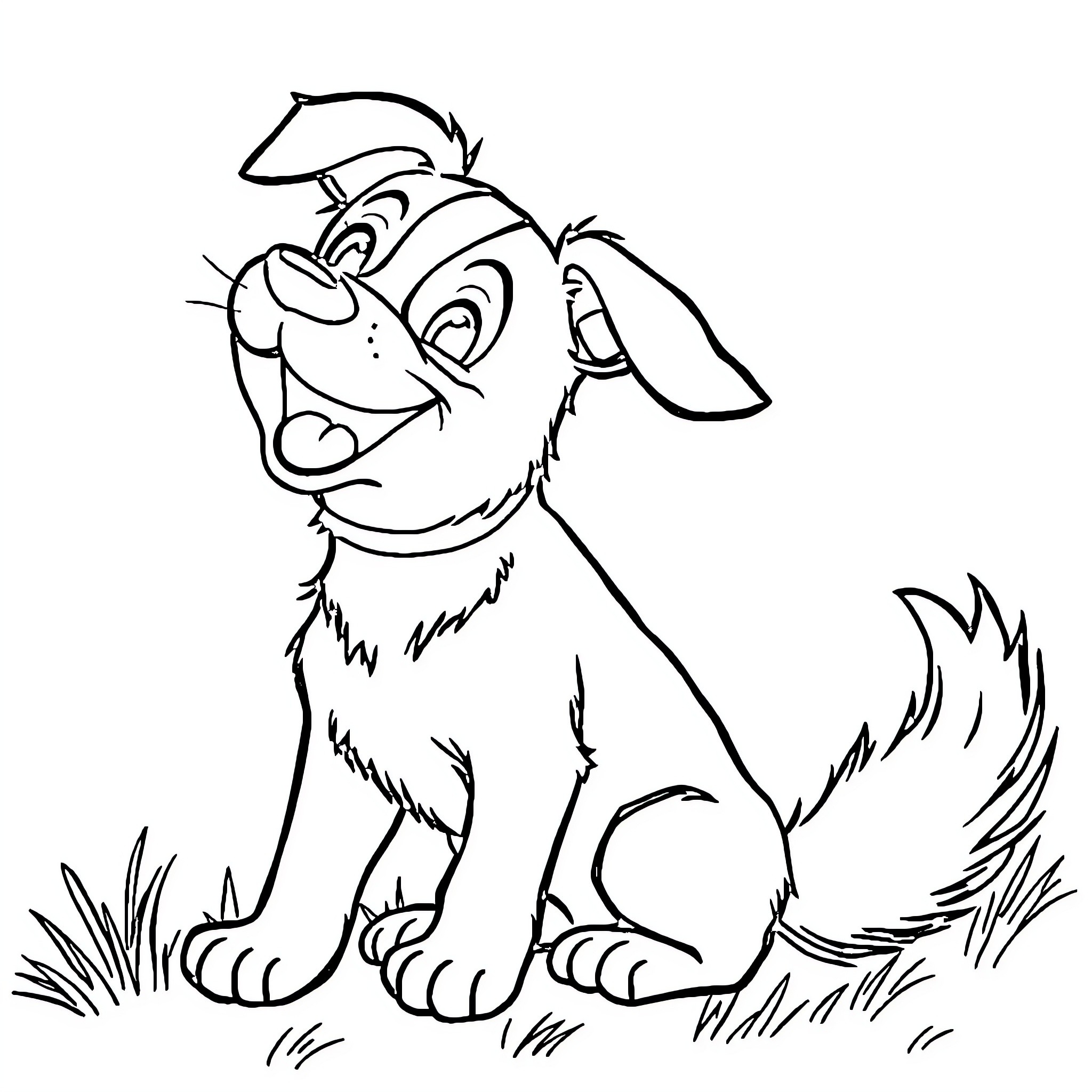 Dog happily sitting in the grass Coloring Page (free black-and-white line drawing printable PDF for all, from beginners to advanced learners, including children, teens, adults, and seniors)