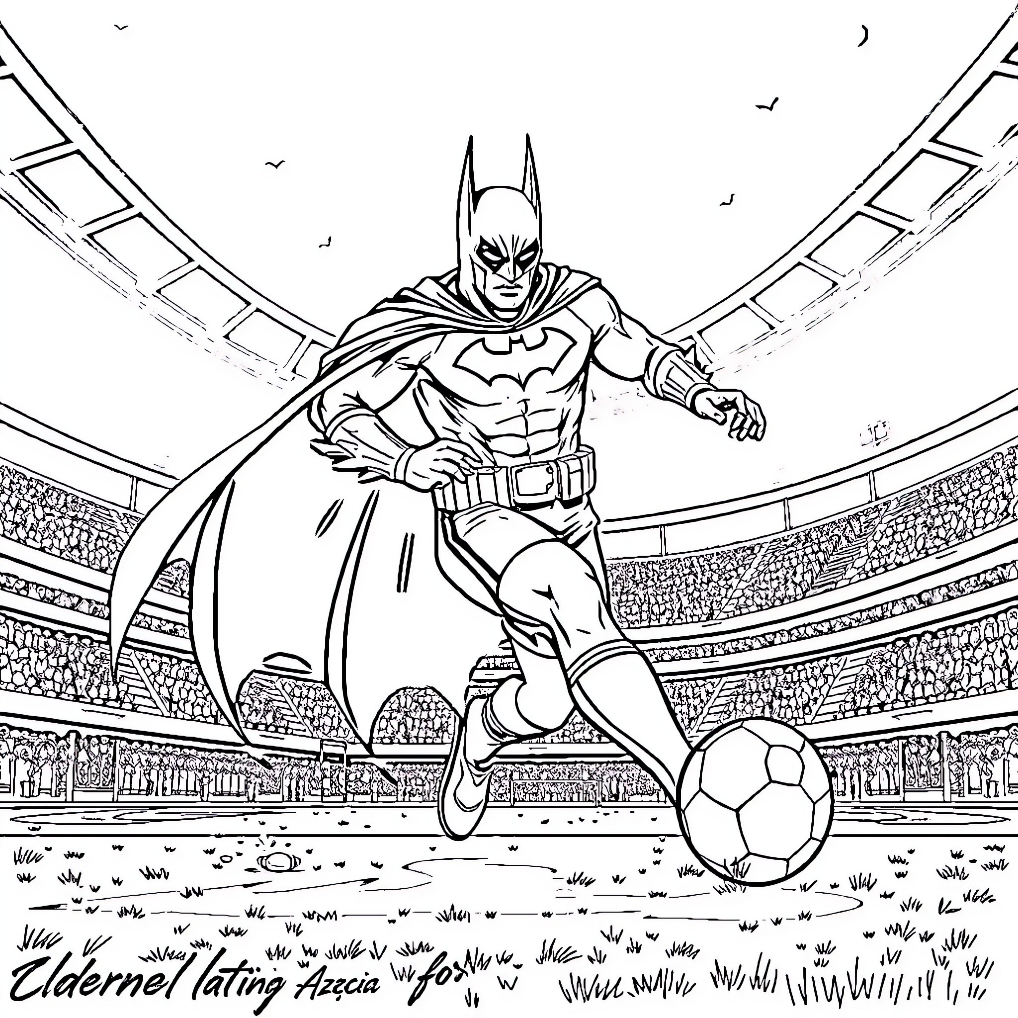 Batman playing soccer in the stadium Coloring Page (free black-and-white line drawing printable PDF for all, from beginners to advanced learners, including children, teens, adults, and seniors)