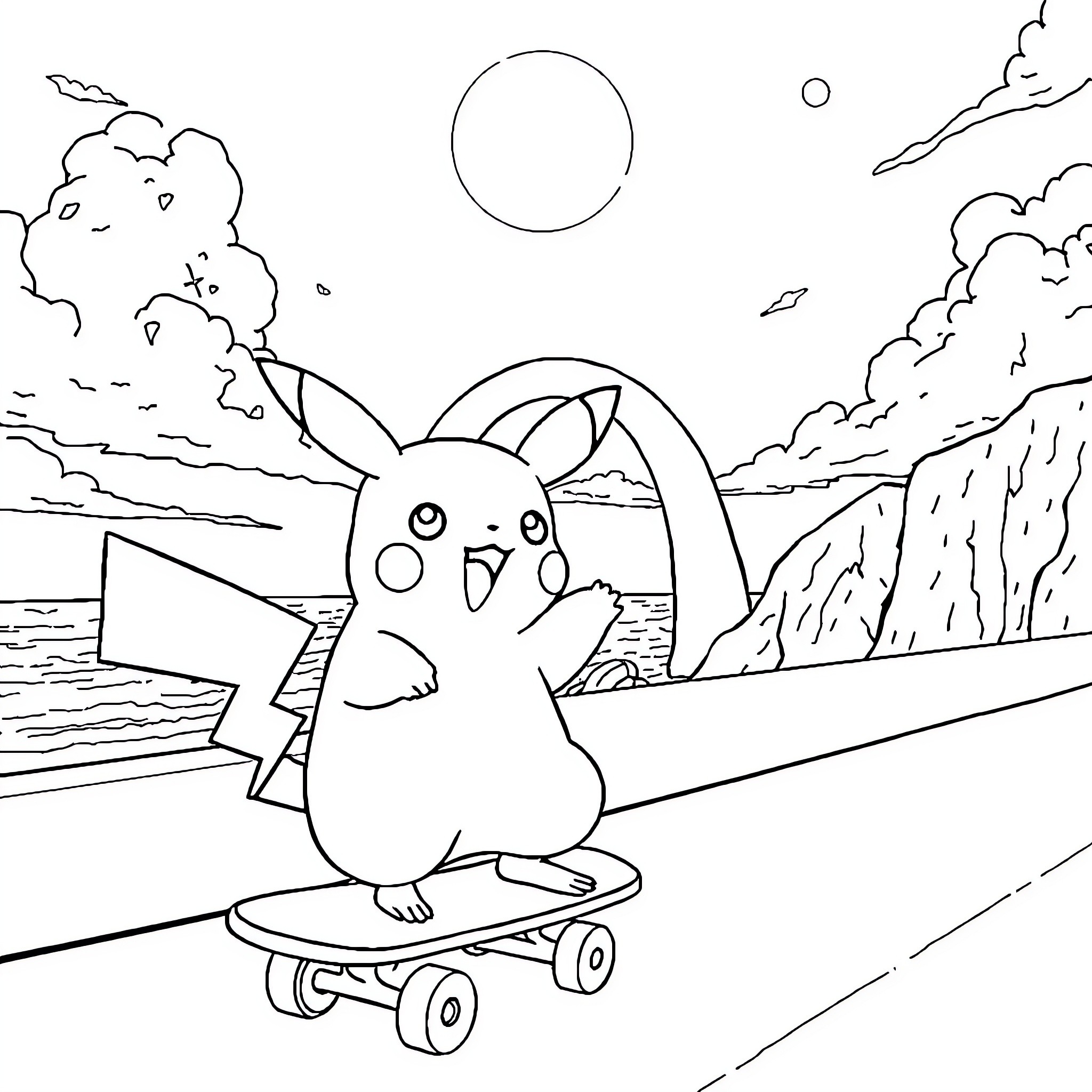 Pikachu skateboarding in a scenic landscape Coloring Page (free black-and-white line drawing printable PDF for all, from beginners to advanced learners, including children, teens, adults, and seniors)