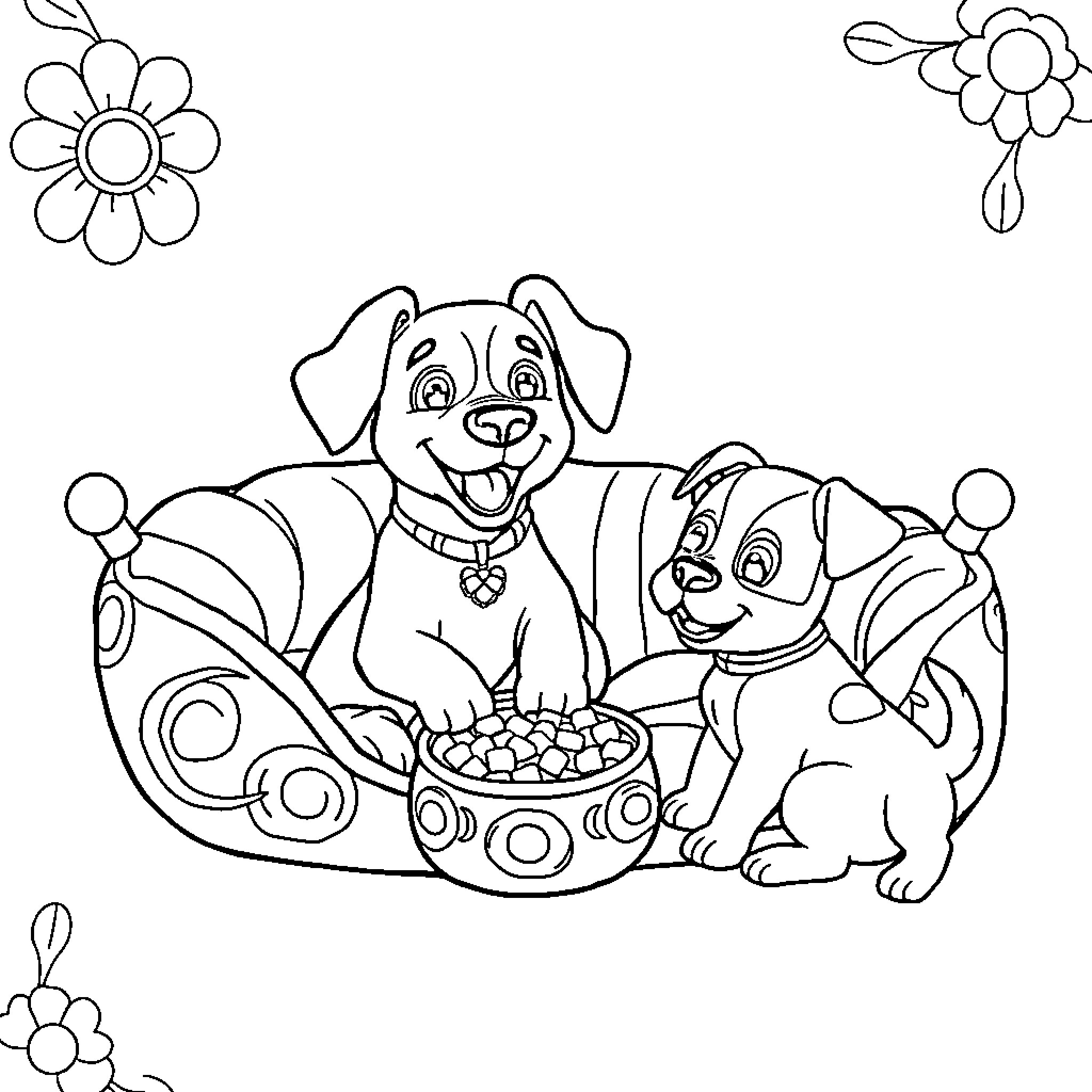 Moana's Playful Puppy Pals Coloring Page (free black-and-white line drawing printable PDF for all, from beginners to advanced learners, including children, teens, adults, and seniors)