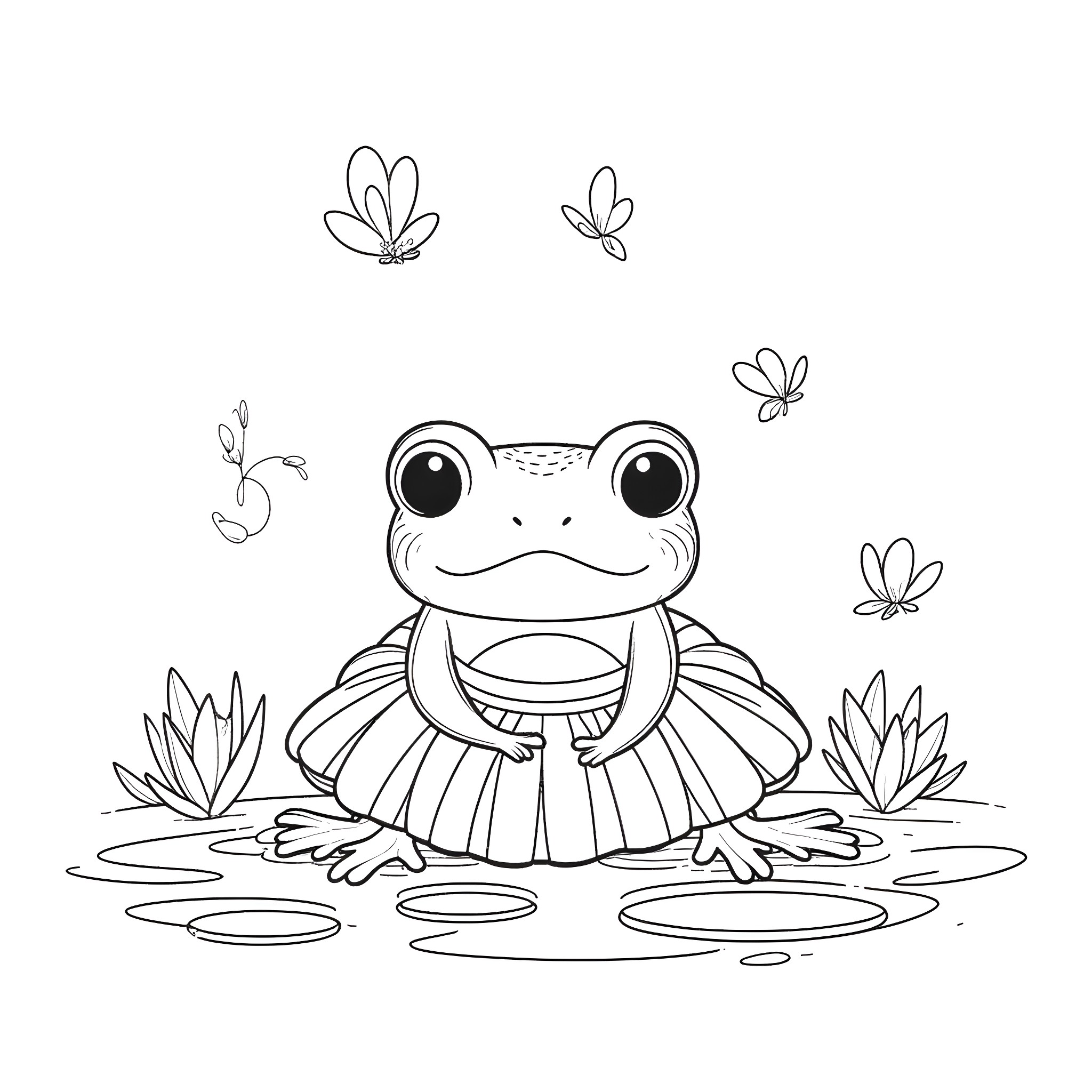 Frog sitting on lily pads with butterflies Coloring Page (free black-and-white line drawing printable PDF for all, from beginners to advanced learners, including children, teens, adults, and seniors)