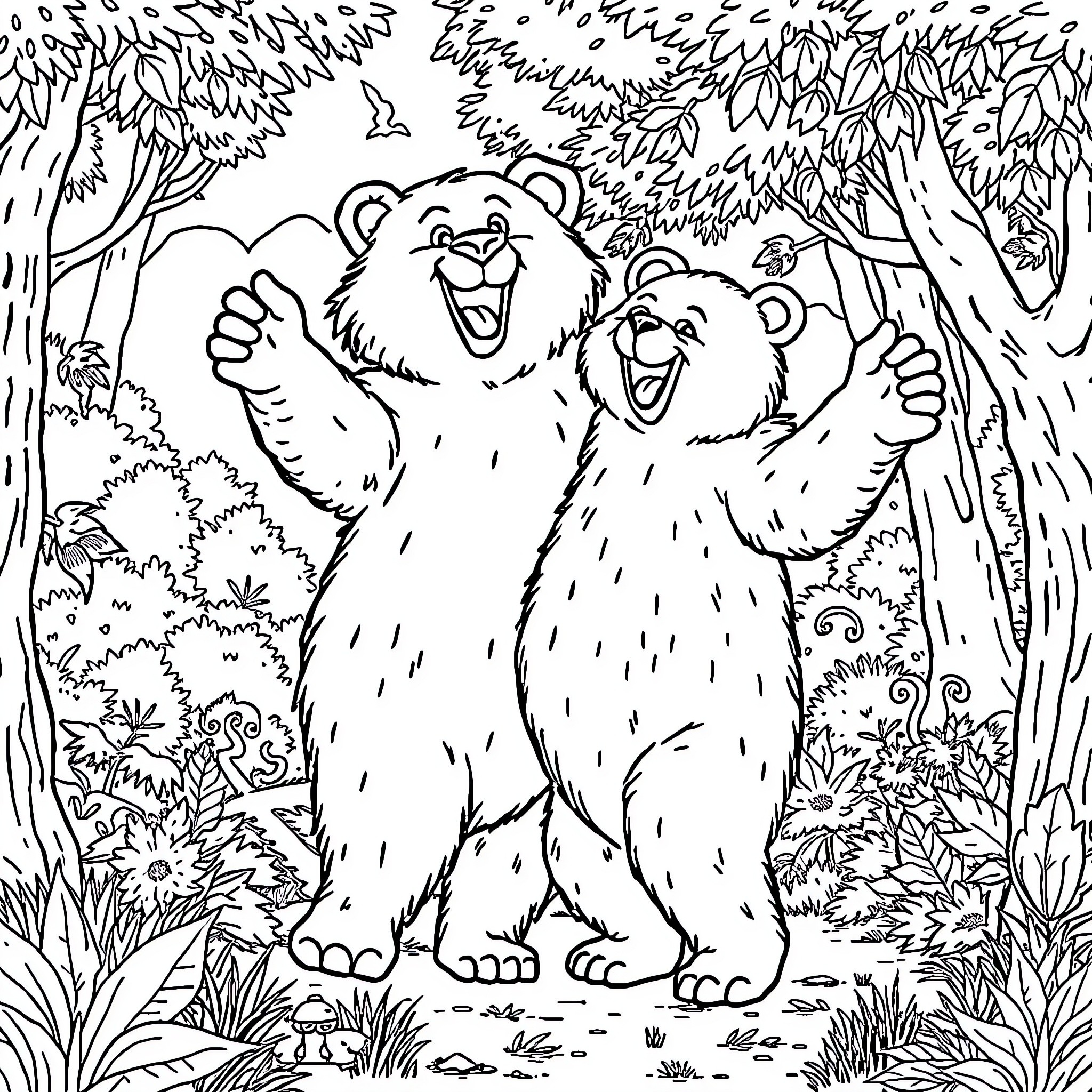 Oso Bears Playfully Frolicking in the Forest Coloring Page (free black-and-white line drawing printable PDF for all, from beginners to advanced learners, including children, teens, adults, and seniors)