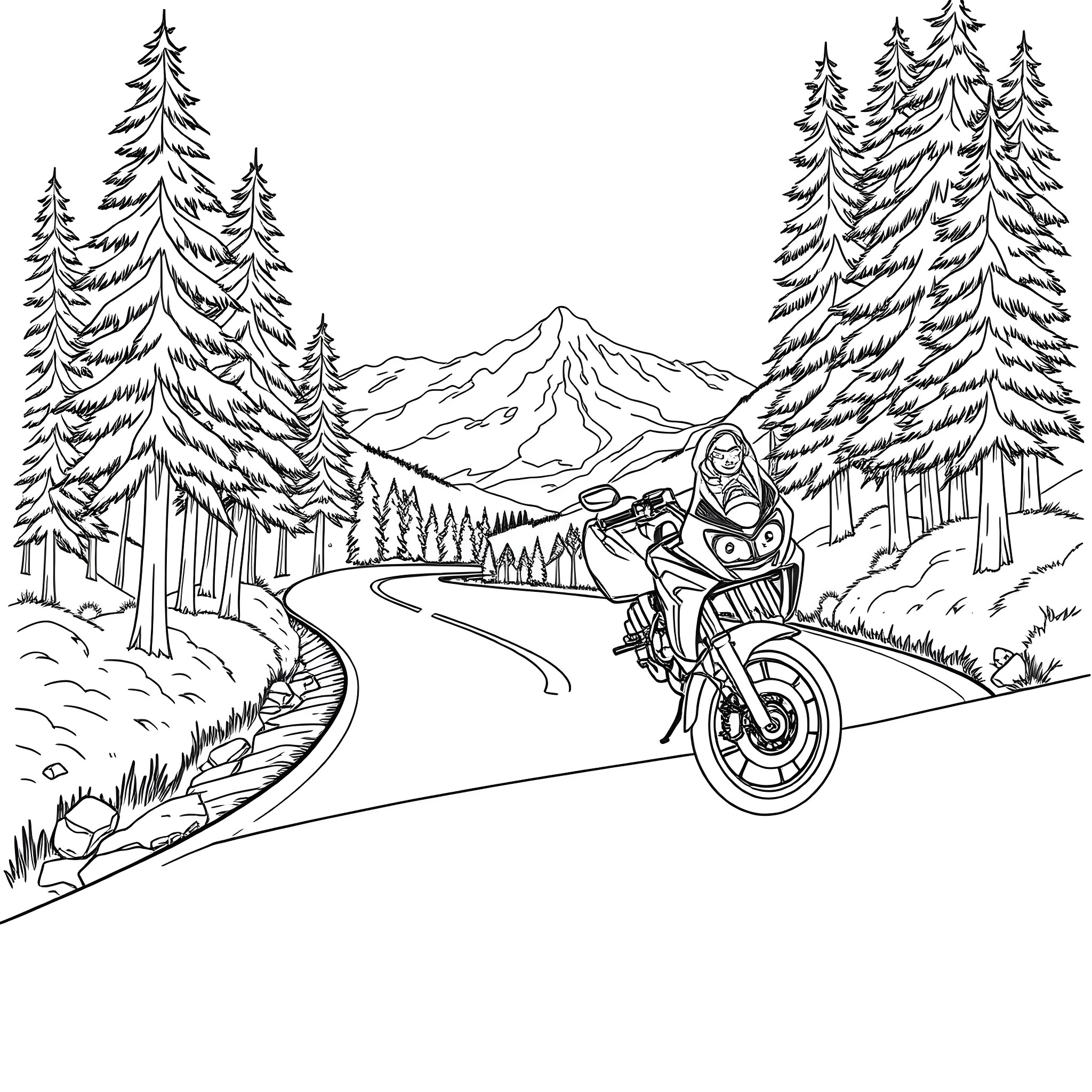 Motorbike adventure through snowy mountain landscape Coloring Page (free black-and-white line drawing printable PDF for all, from beginners to advanced learners, including children, teens, adults, and seniors)