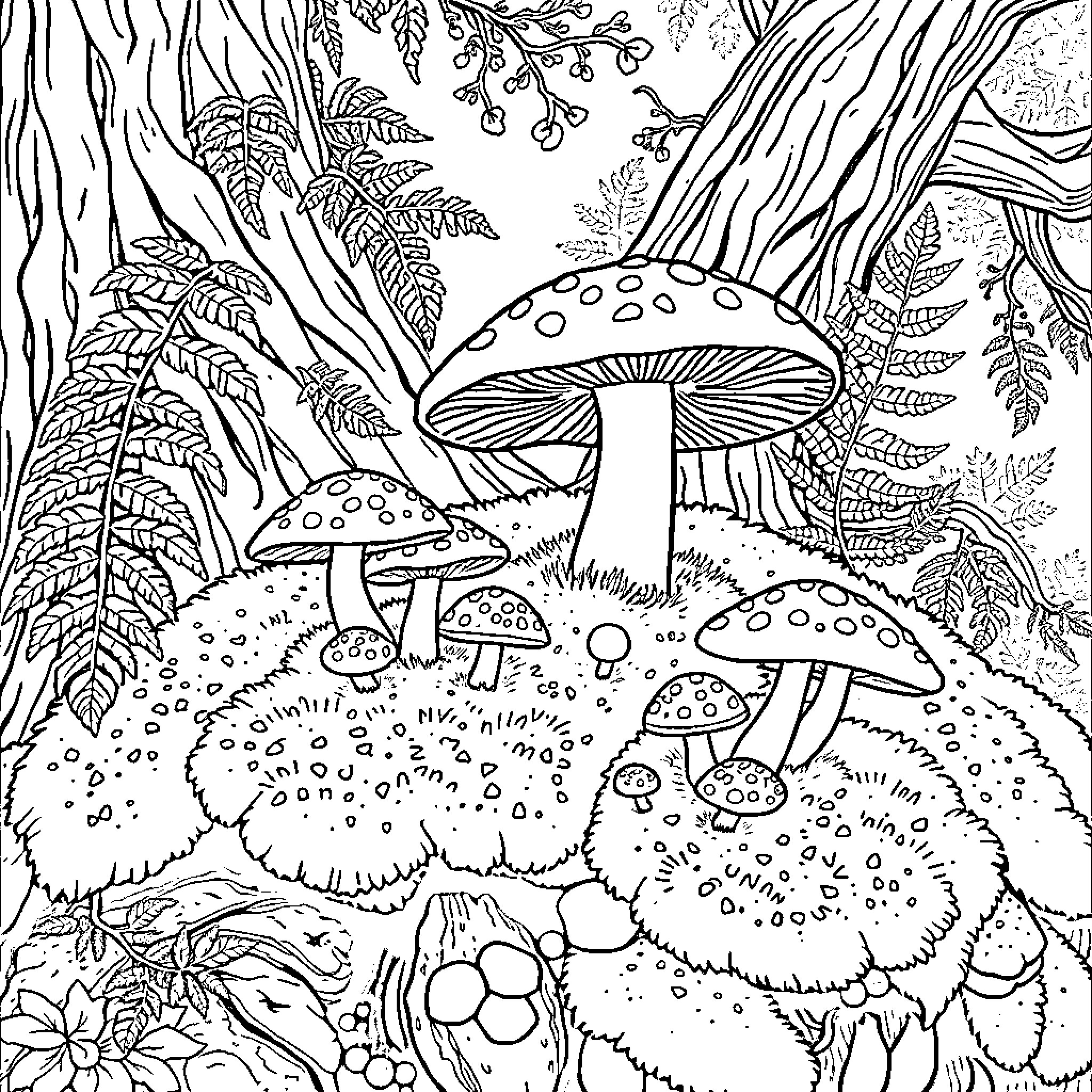 Mushroom Fantasy Forest Illustration Coloring Page (free black-and-white line drawing printable PDF for all, from beginners to advanced learners, including children, teens, adults, and seniors)