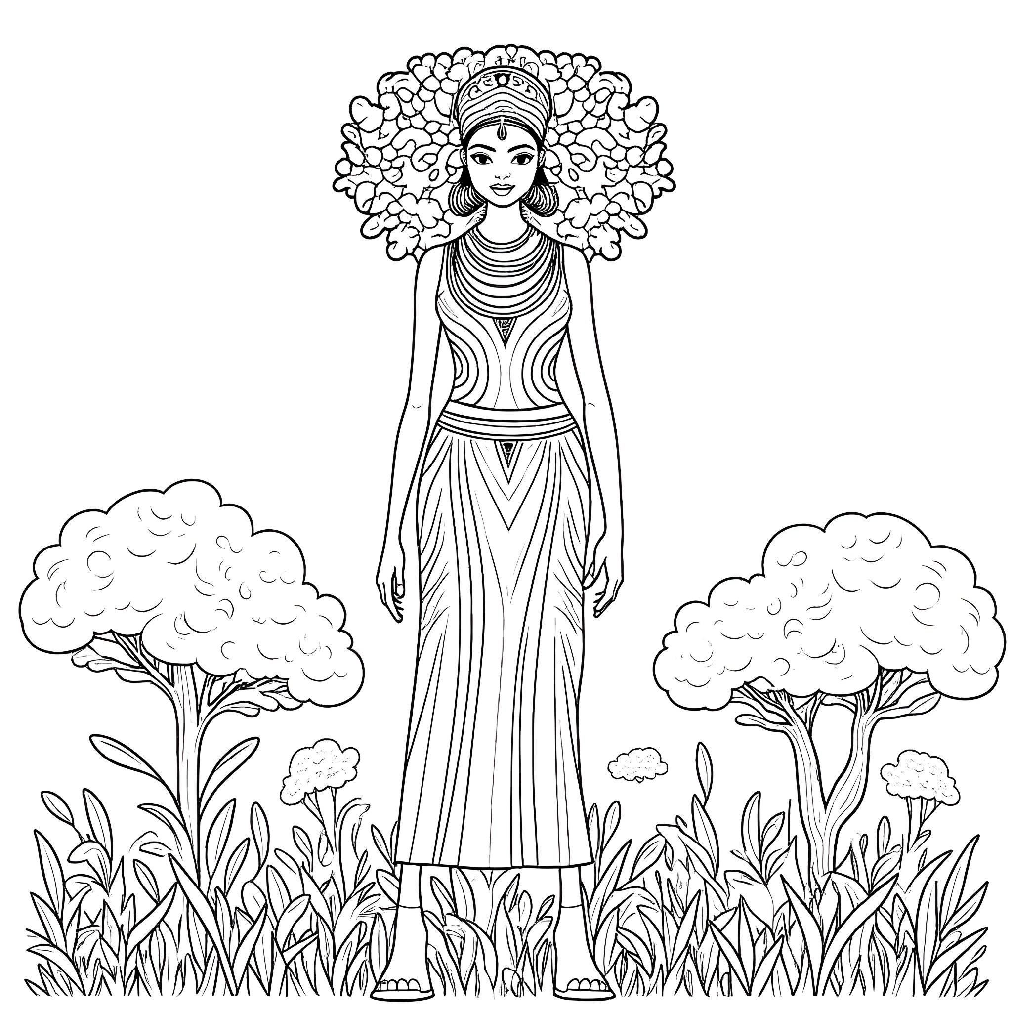 Woman in traditional attire standing amidst nature Coloring Page (free black-and-white line drawing printable PDF for all, from beginners to advanced learners, including children, teens, adults, and seniors)