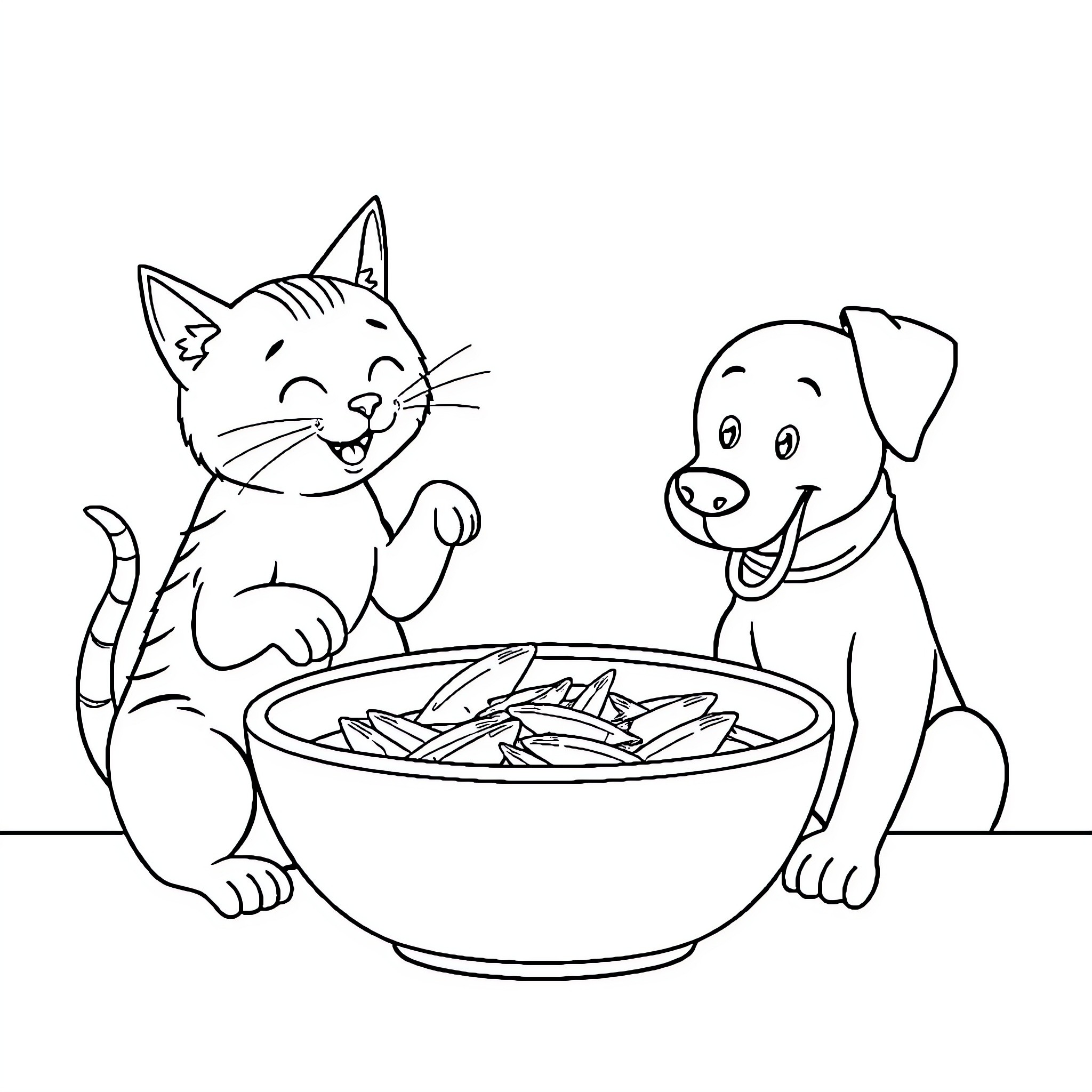 Cat and dog sharing a snack bowl Coloring Page (free black-and-white line drawing printable PDF for all, from beginners to advanced learners, including children, teens, adults, and seniors)