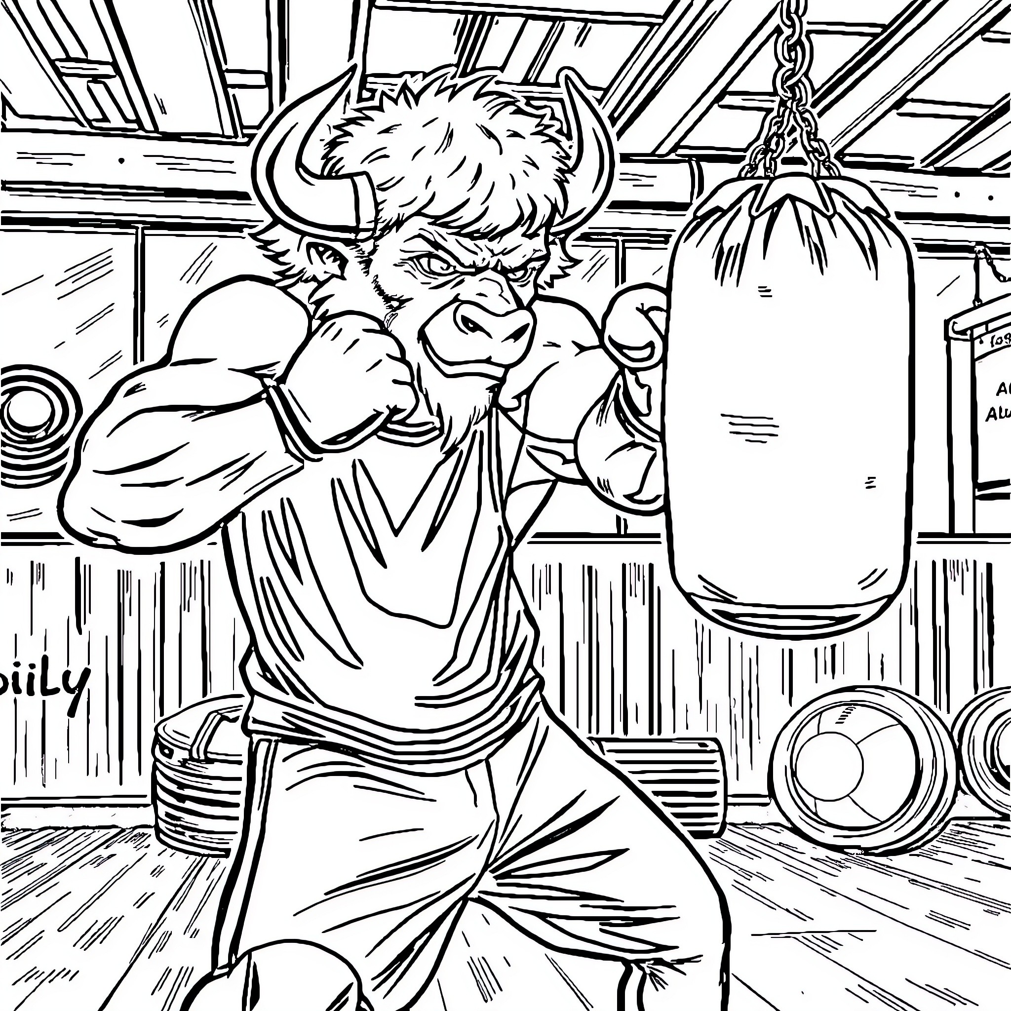 Billy Buffalo Trains Hard in the Gym Coloring Page (free black-and-white line drawing printable PDF for all, from beginners to advanced learners, including children, teens, adults, and seniors)