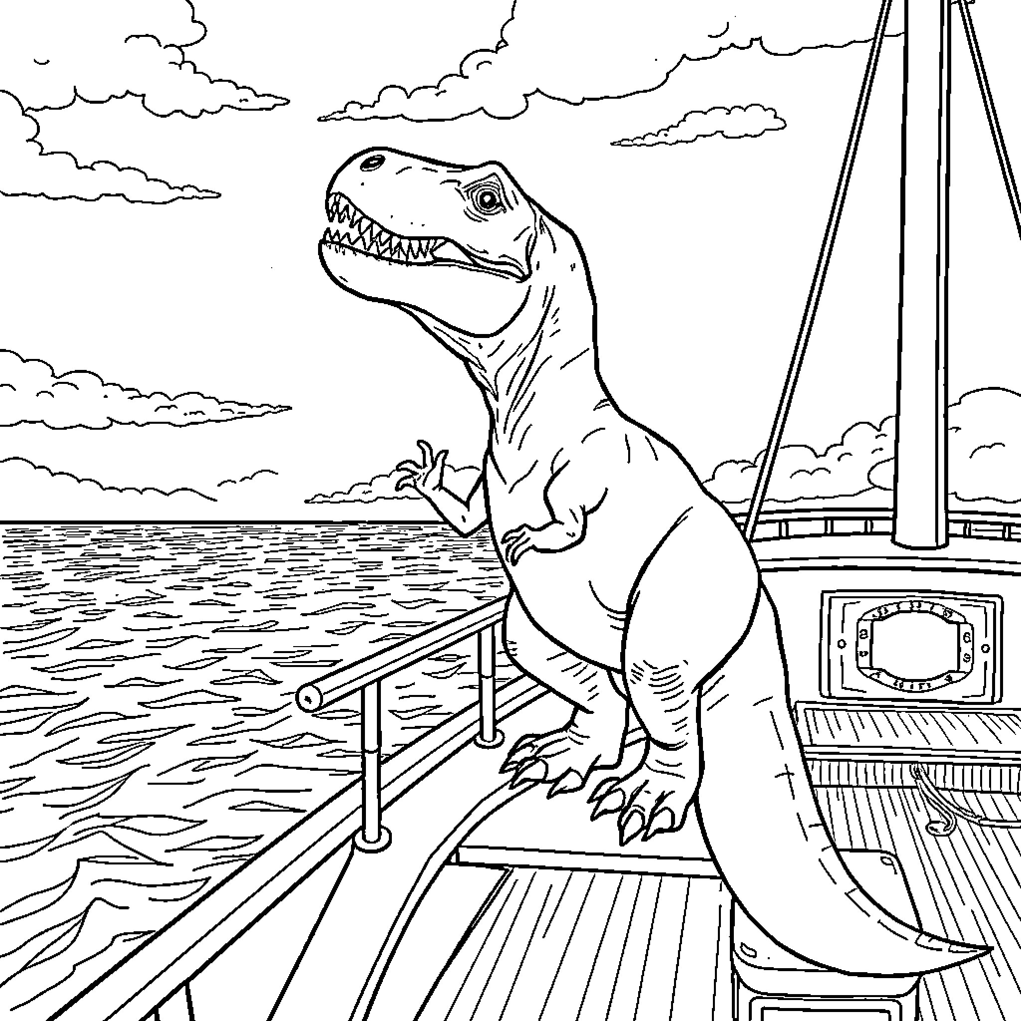 T-Rex on the Deck Overlooking the Ocean Coloring Page (free black-and-white line drawing printable PDF for all, from beginners to advanced learners, including children, teens, adults, and seniors)
