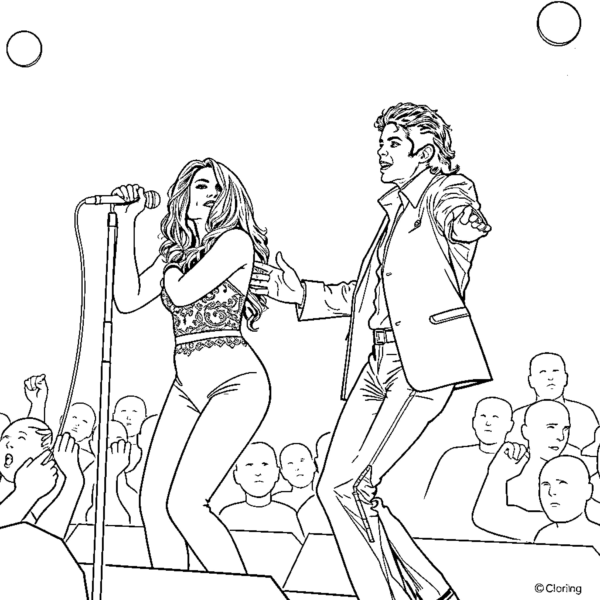 Selena Gomez performing on stage with a band member Coloring Page (free black-and-white line drawing printable PDF for all, from beginners to advanced learners, including children, teens, adults, and seniors)