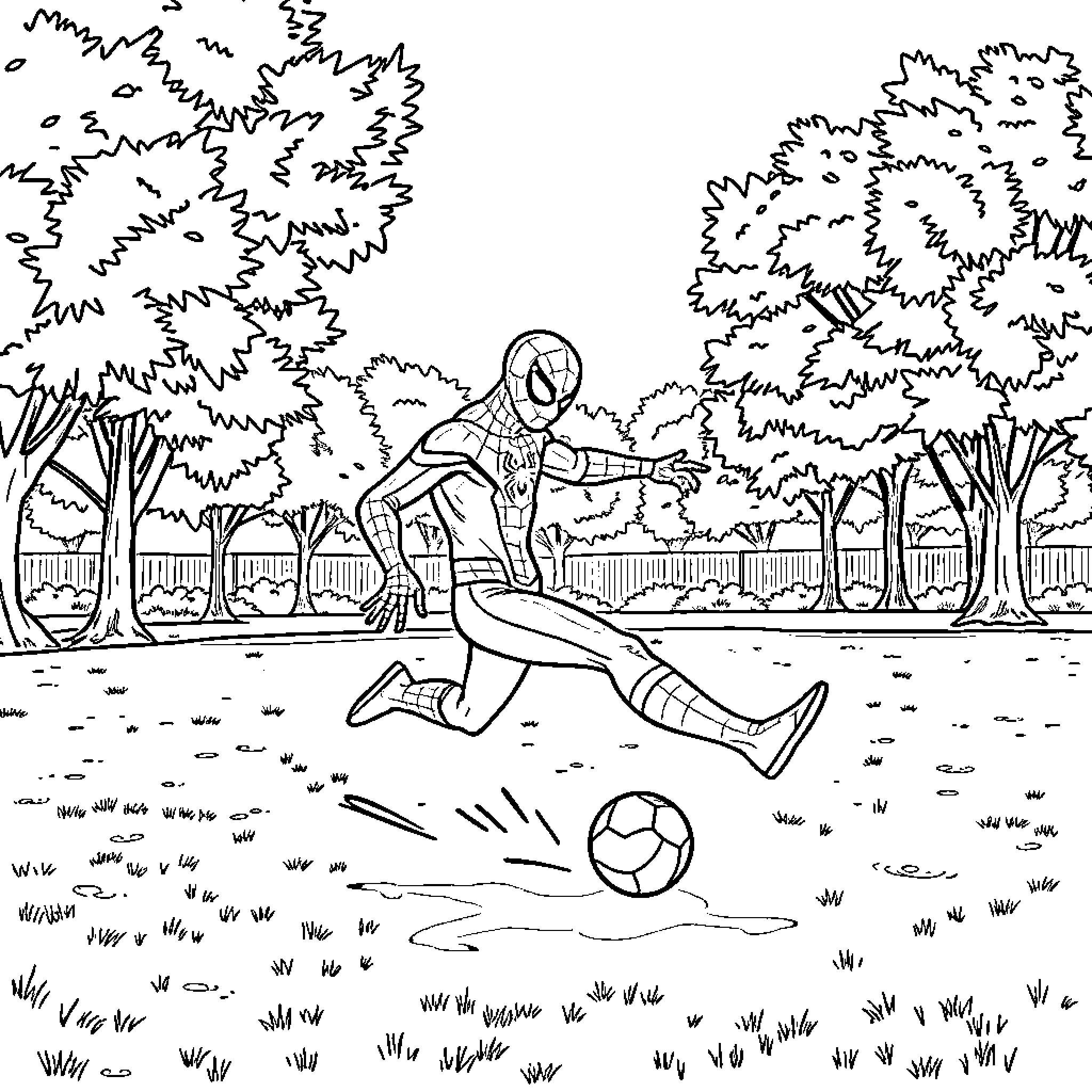 Spiderman playing with soccer ball in park Coloring Page (free black-and-white line drawing printable PDF for all, from beginners to advanced learners, including children, teens, adults, and seniors)