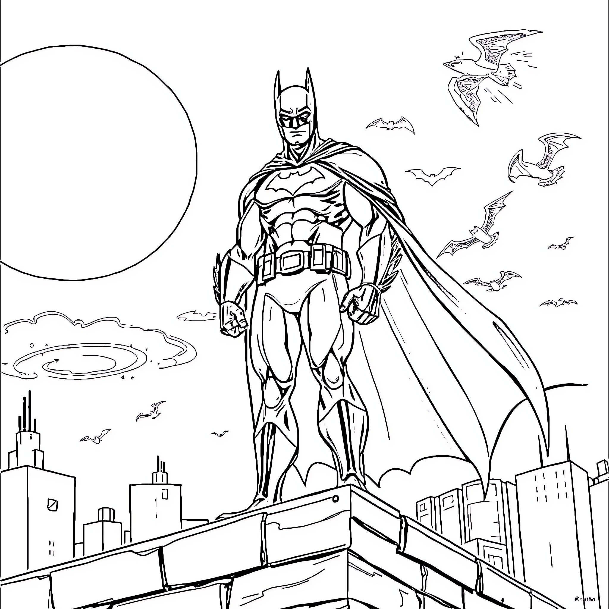 Batman Standing Tall Amidst the City Skyline Coloring Page (free black-and-white line drawing printable PDF for all, from beginners to advanced learners, including children, teens, adults, and seniors)