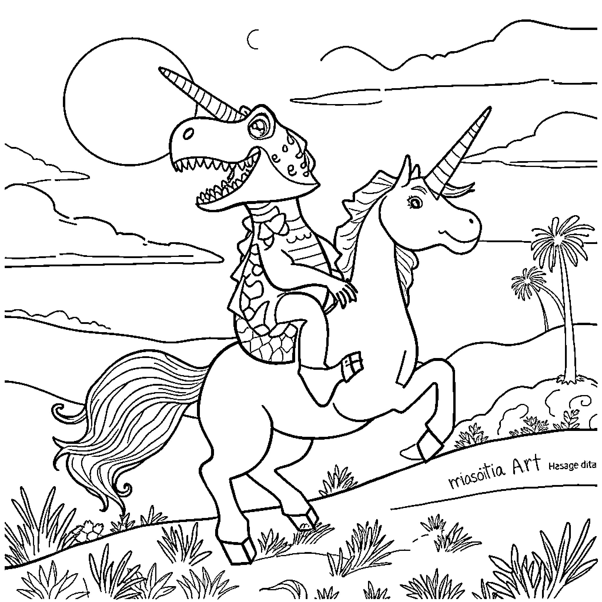 Dinosaur riding a unicorn in a magical landscape Coloring Page (free black-and-white line drawing printable PDF for all, from beginners to advanced learners, including children, teens, adults, and seniors)