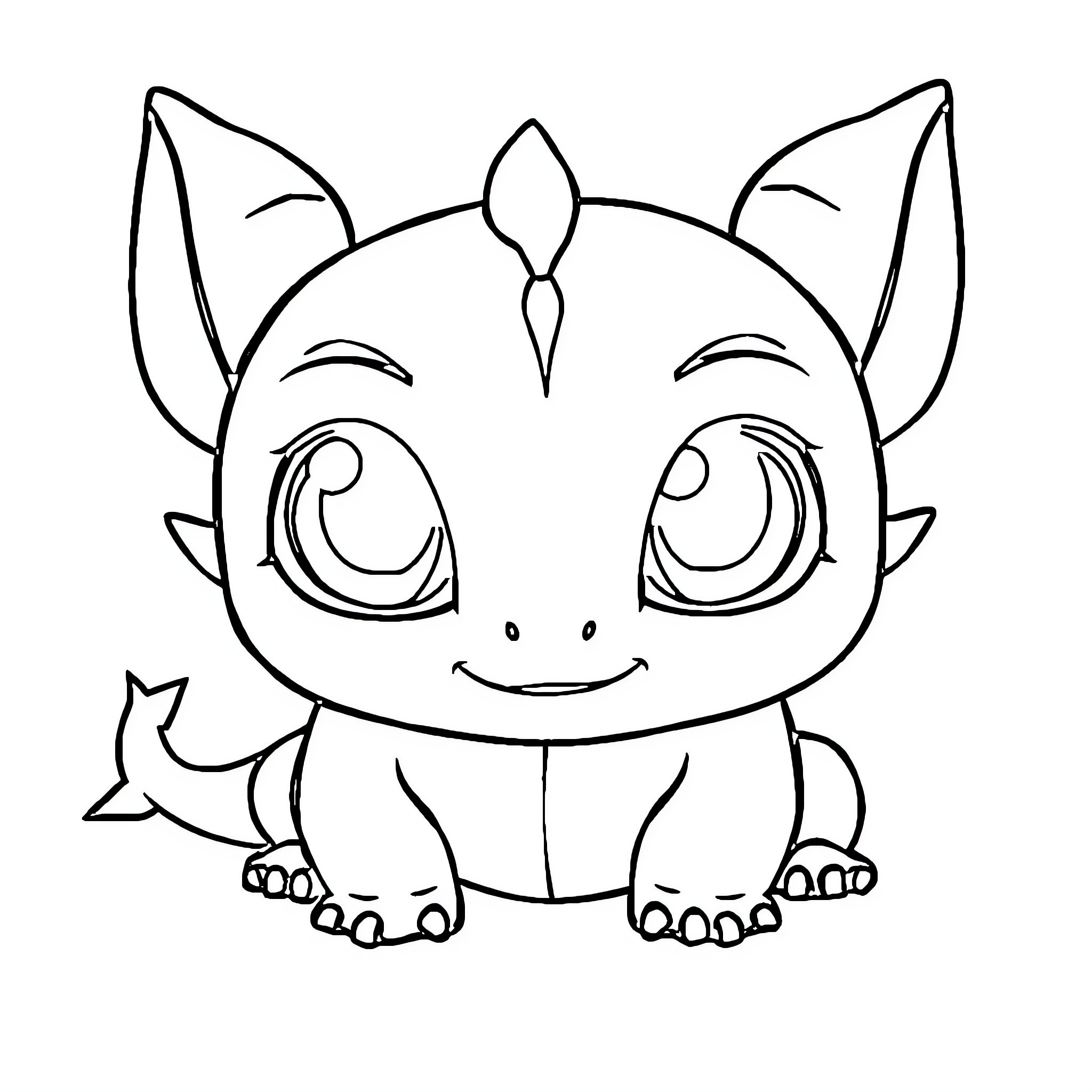 Toothless cute baby dragon with big eyes Coloring Page (free black-and-white line drawing printable PDF for all, from beginners to advanced learners, including children, teens, adults, and seniors)