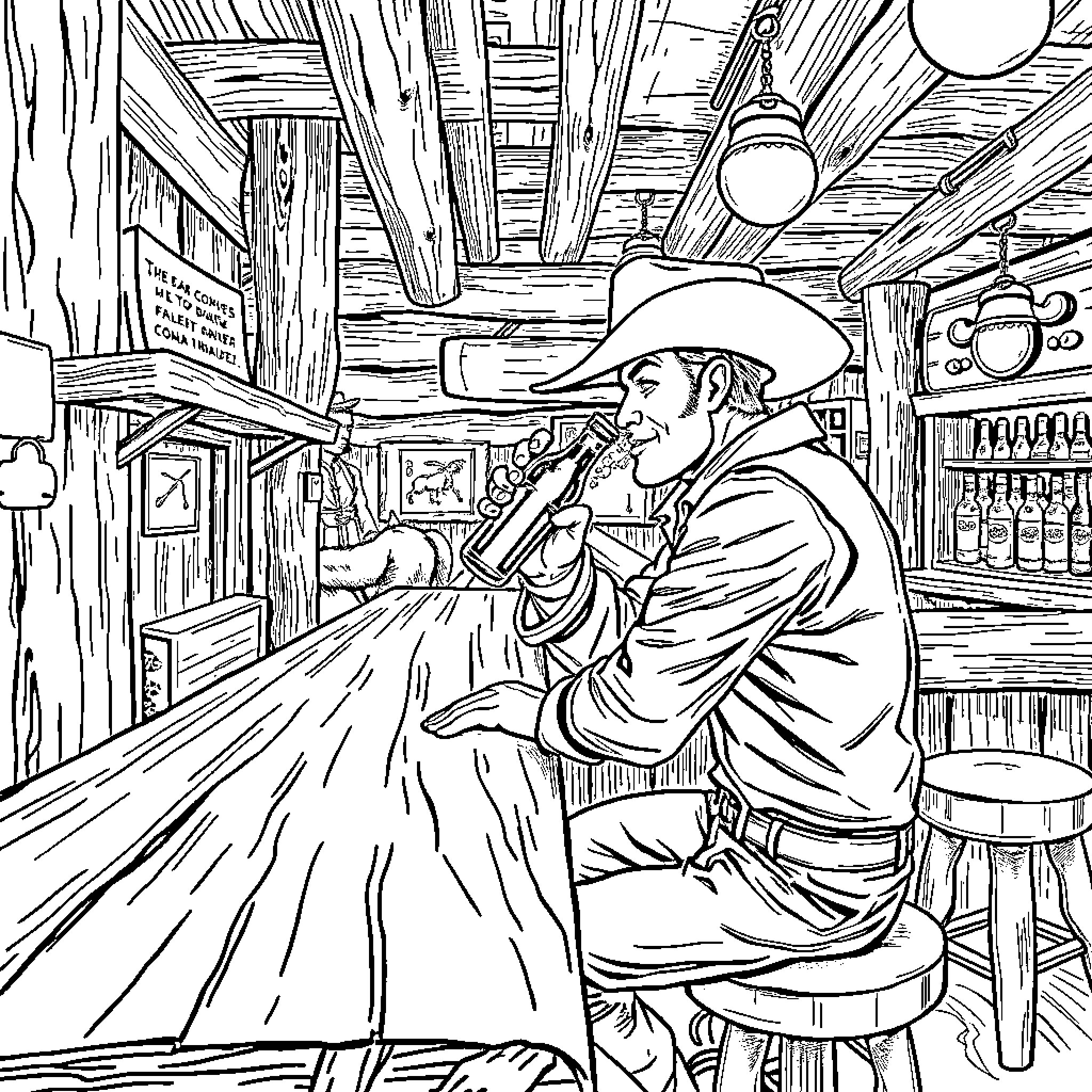 Cowboy playing harmonica in a saloon Coloring Page (free black-and-white line drawing printable PDF for all, from beginners to advanced learners, including children, teens, adults, and seniors)