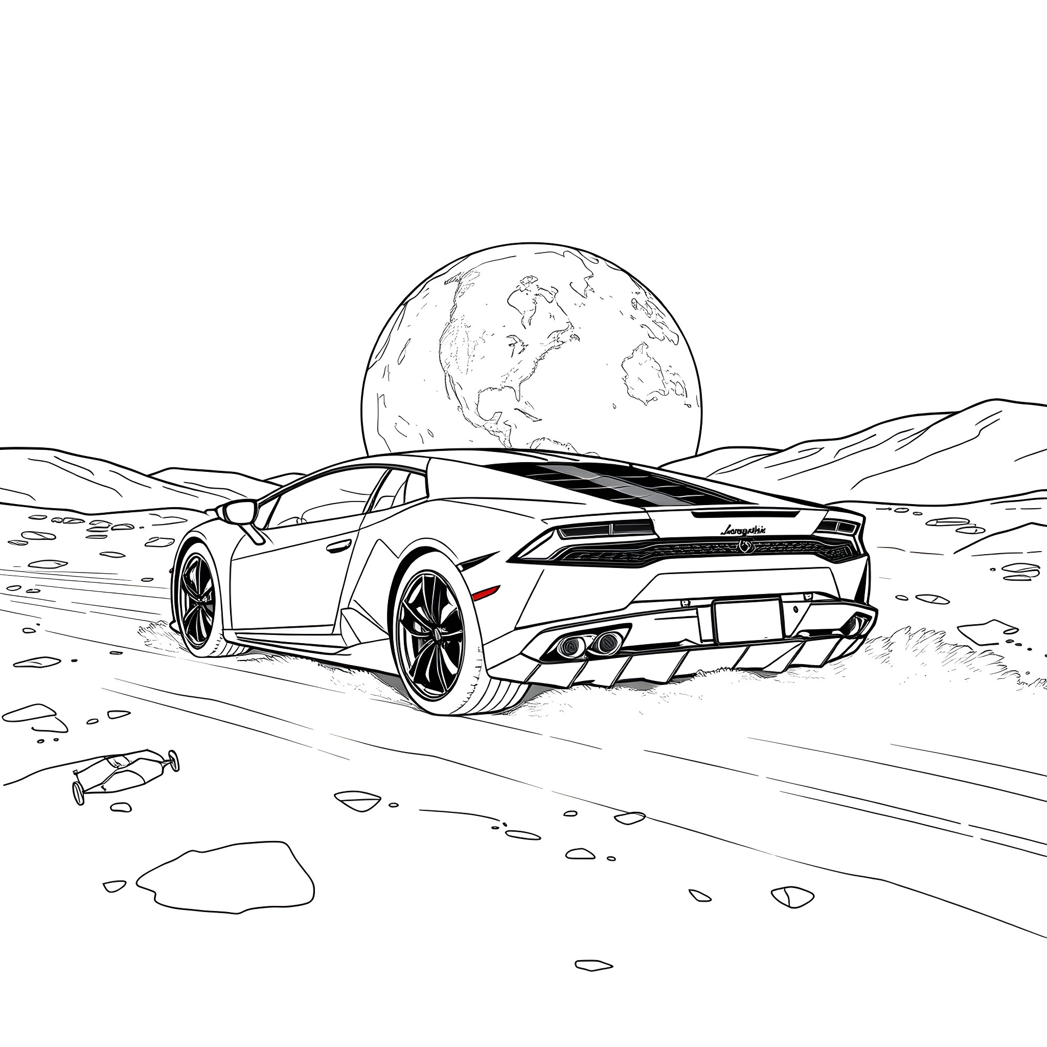 Lamborghini speeding through the desert landscape Coloring Page (free black-and-white line drawing printable PDF for all, from beginners to advanced learners, including children, teens, adults, and seniors)