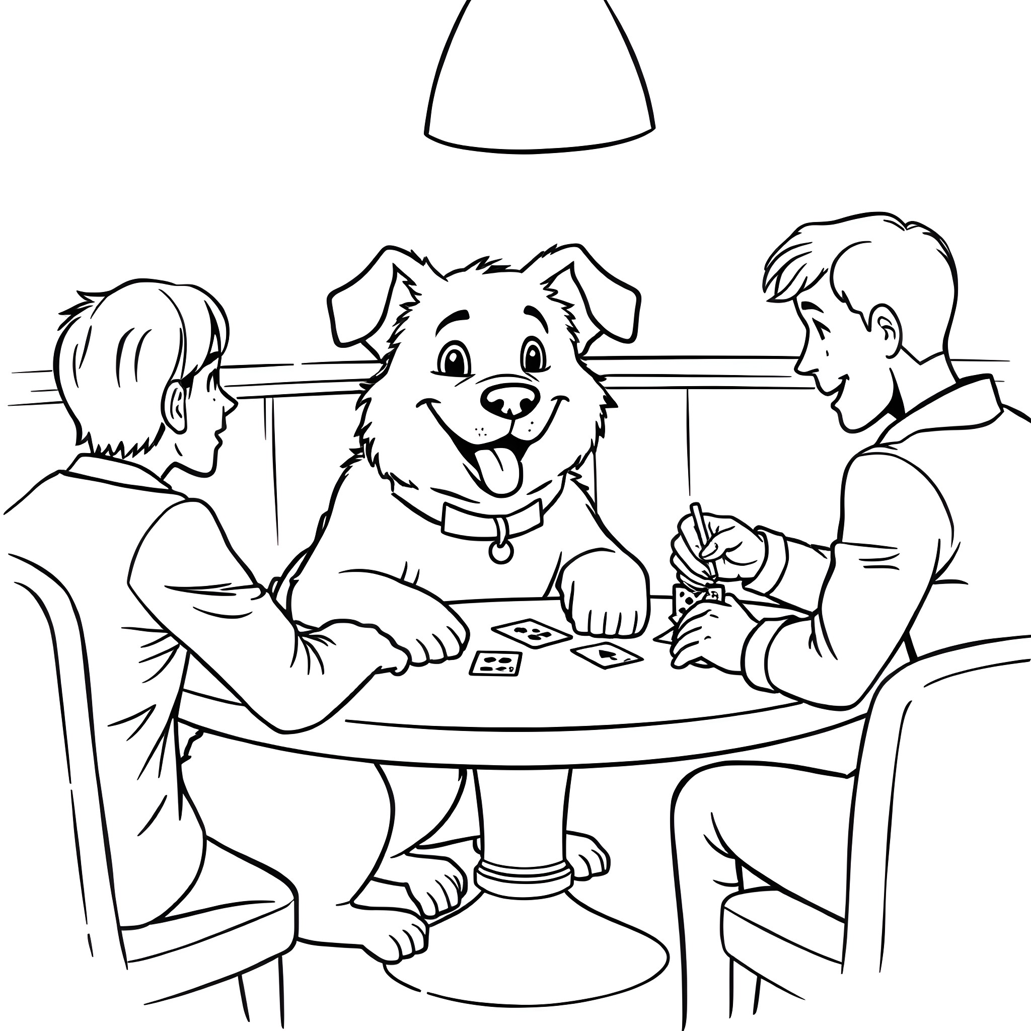 Dog playing cards with two people at the table Coloring Page (free black-and-white line drawing printable PDF for all, from beginners to advanced learners, including children, teens, adults, and seniors)