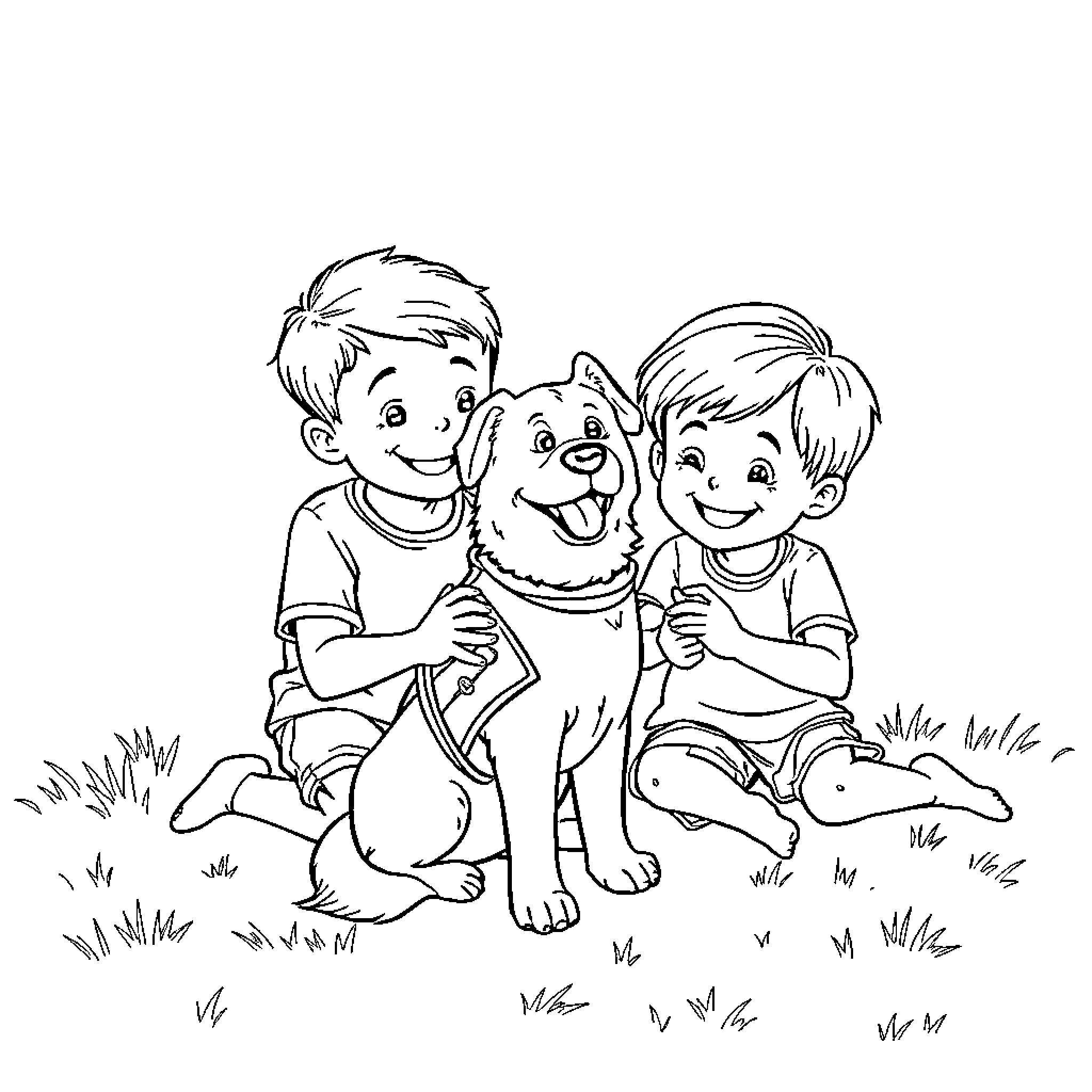 Kid Friends Playing with Puppy in Grass Coloring Page (free black-and-white line drawing printable PDF for all, from beginners to advanced learners, including children, teens, adults, and seniors)