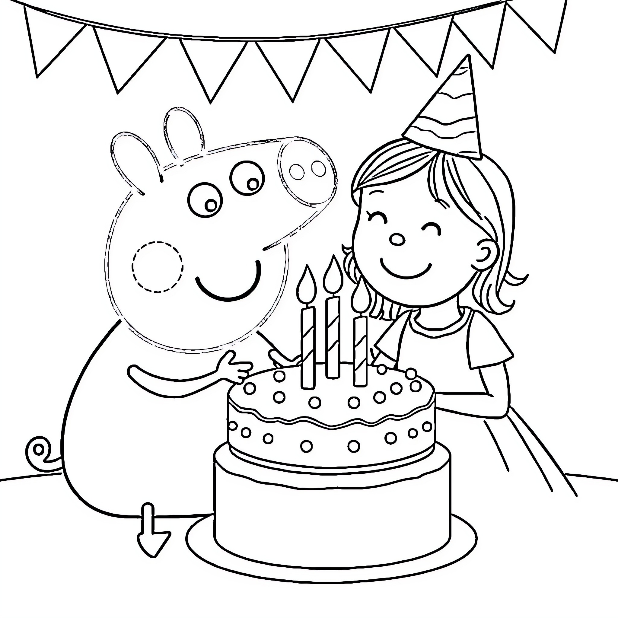 Peppa Pig and Girl Celebrate Birthday with Cake Coloring Page (free black-and-white line drawing printable PDF for all, from beginners to advanced learners, including children, teens, adults, and seniors)