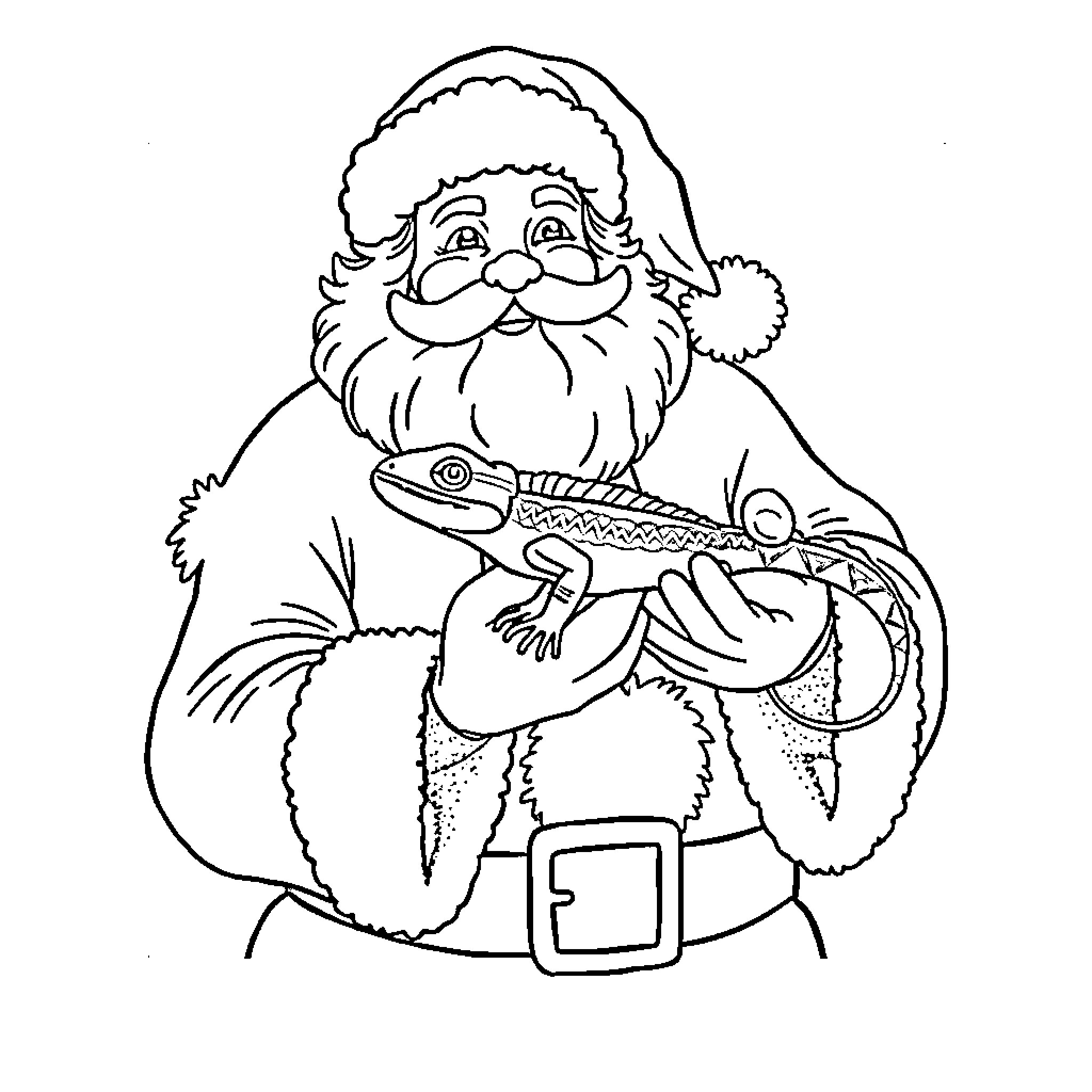 Santa playing with a cute lizard Coloring Page (free black-and-white line drawing printable PDF for all, from beginners to advanced learners, including children, teens, adults, and seniors)