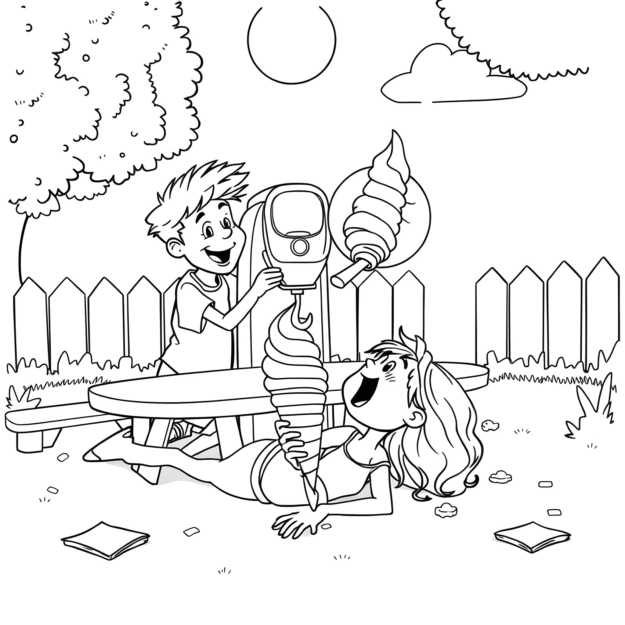Ice Cream Sundae Fun in the Park Coloring Page (free black-and-white line drawing printable PDF for all, from beginners to advanced learners, including children, teens, adults, and seniors)