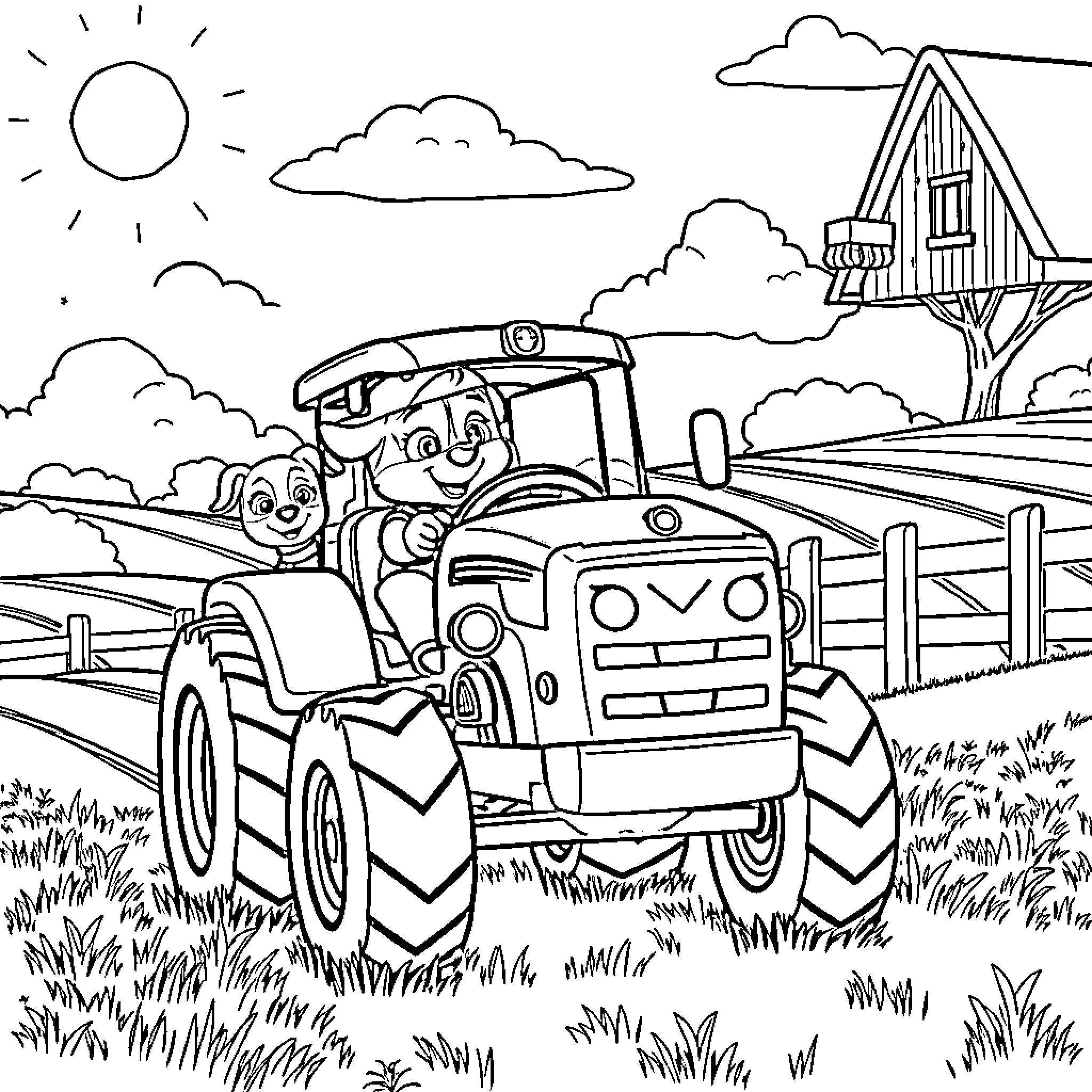 Paw Patrol Characters Exploring the Farm Coloring Page (free black-and-white line drawing printable PDF for all, from beginners to advanced learners, including children, teens, adults, and seniors)