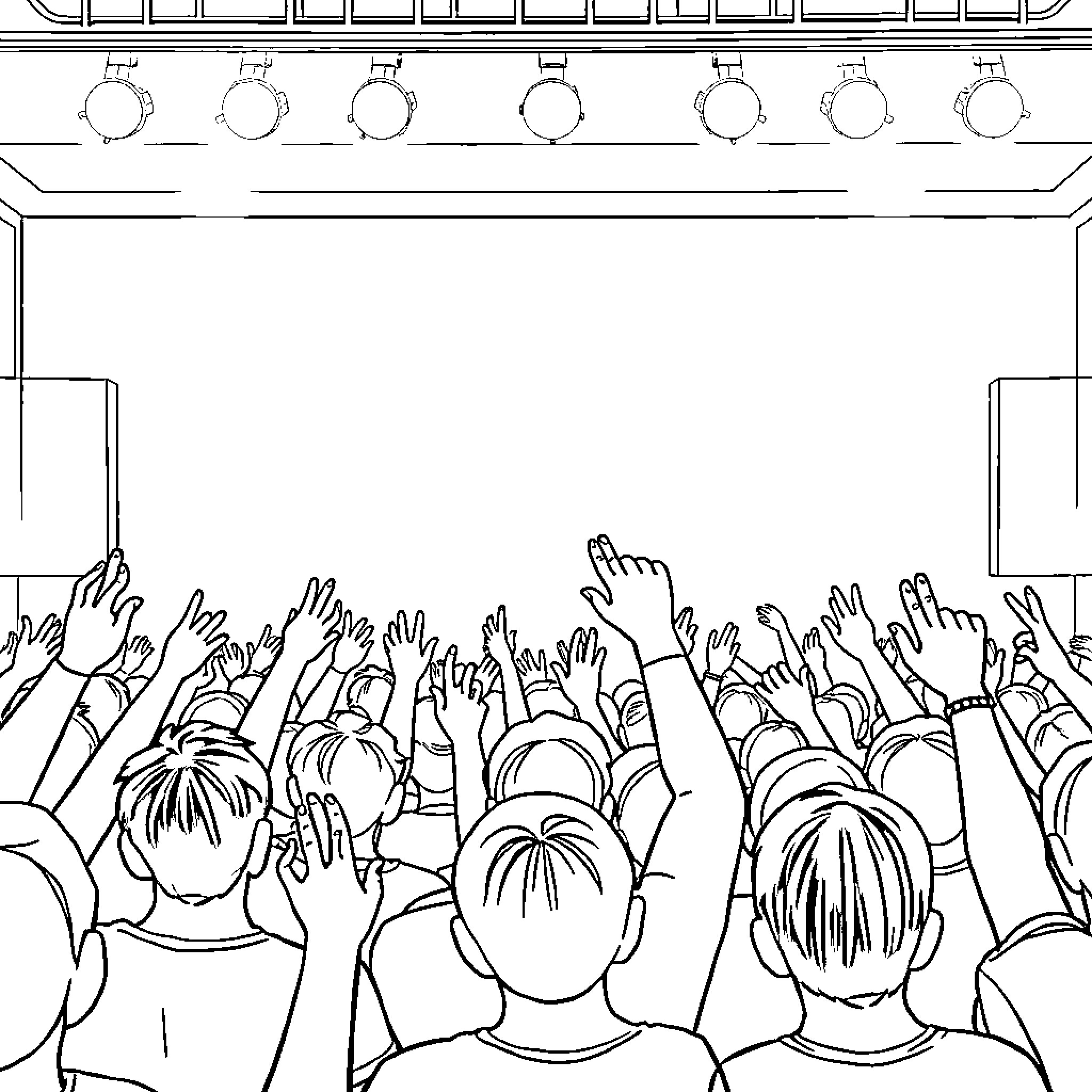 Kpop Fans Cheering Excitedly at a Concert Coloring Page (free black-and-white line drawing printable PDF for all, from beginners to advanced learners, including children, teens, adults, and seniors)