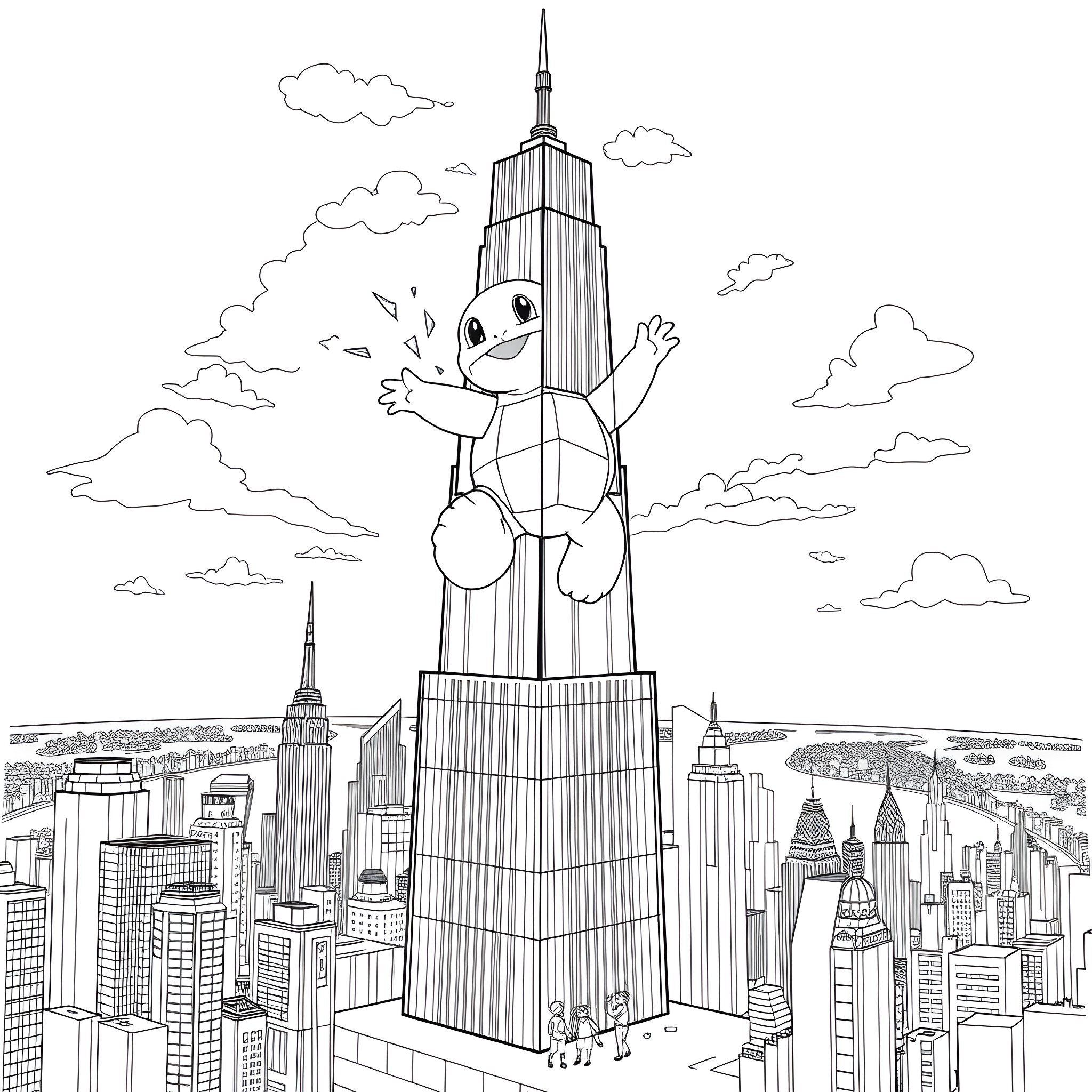 Squirtle's Adventure in the City of Skyscrapers Coloring Page (free black-and-white line drawing printable PDF for all, from beginners to advanced learners, including children, teens, adults, and seniors)
