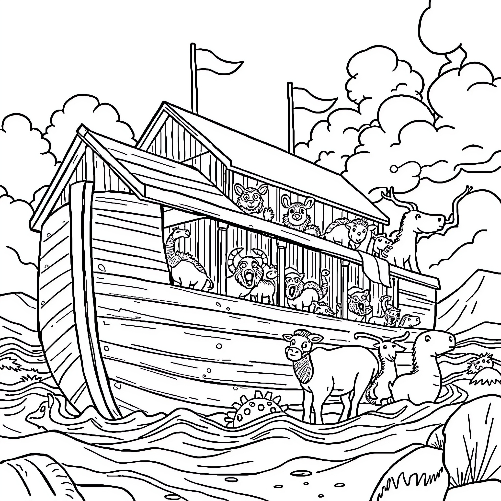 Noah's Ark with animals onboard sailing through rough waters Coloring Page (free black-and-white line drawing printable PDF for all, from beginners to advanced learners, including children, teens, adults, and seniors)