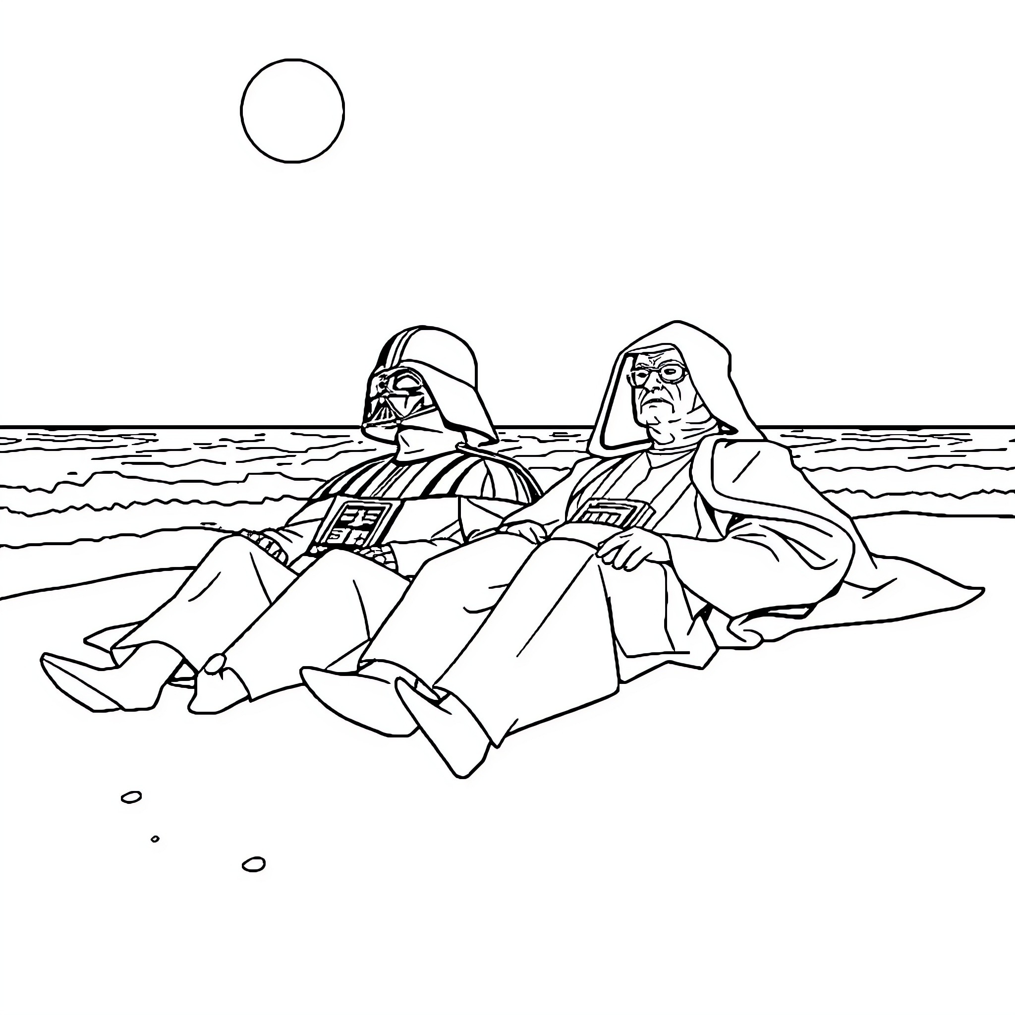 Darth Vader and Obi-Wan Kenobi in confrontation Coloring Page (free black-and-white line drawing printable PDF for all, from beginners to advanced learners, including children, teens, adults, and seniors)
