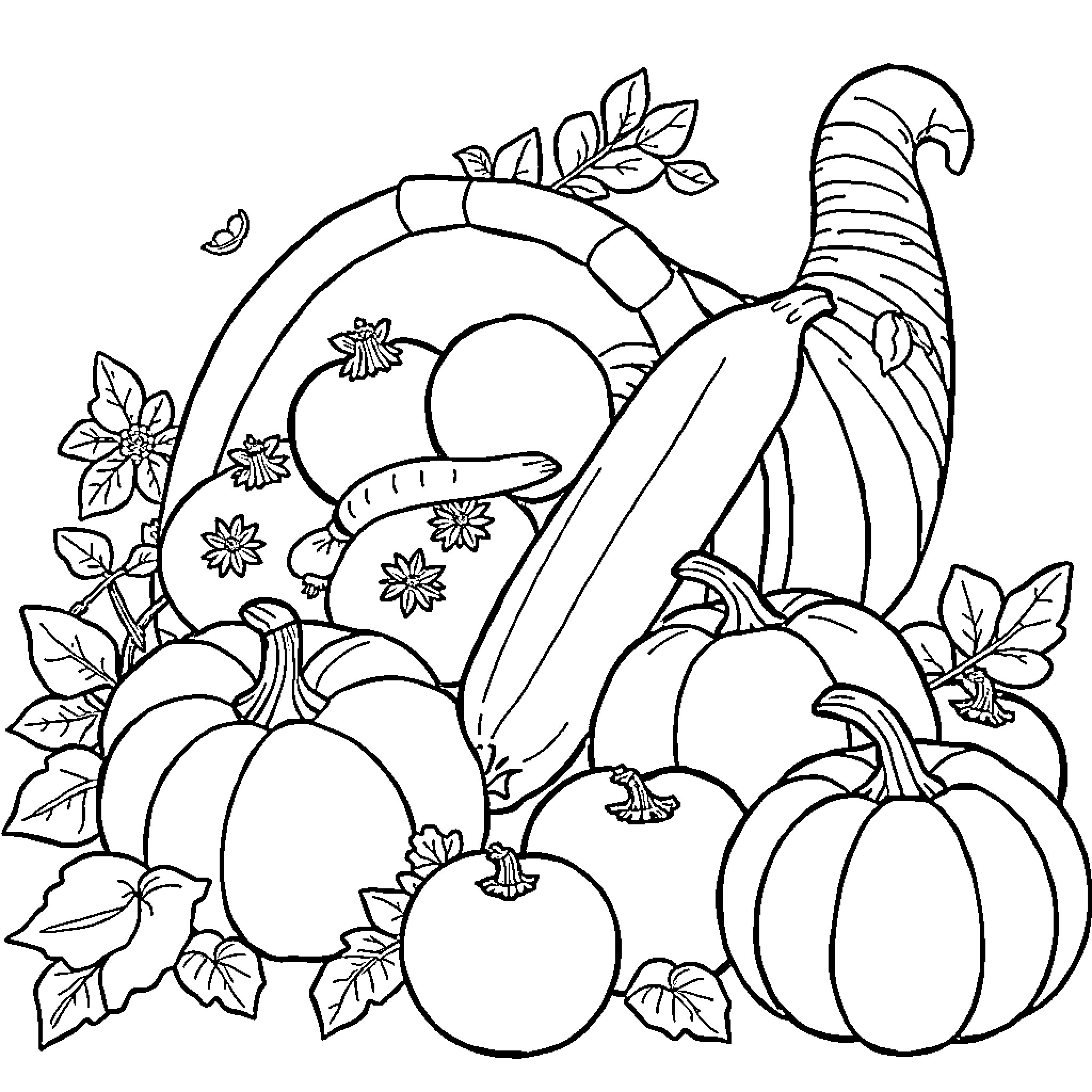 Cornucopia of Autumn Harvest Bounty Coloring Page (free black-and-white line drawing printable PDF for all, from beginners to advanced learners, including children, teens, adults, and seniors)