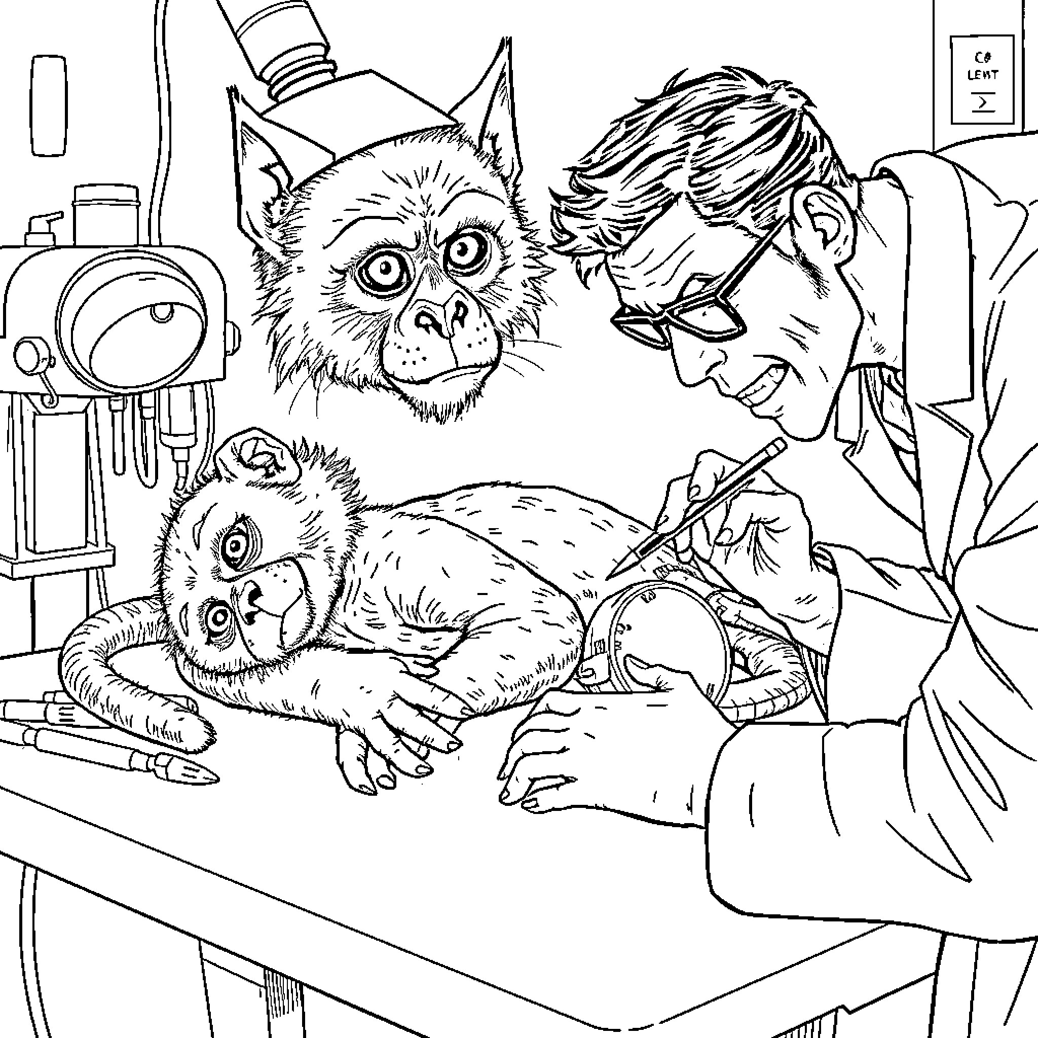 Mutant Monkey Cat examined by curious scientist Coloring Page (free black-and-white line drawing printable PDF for all, from beginners to advanced learners, including children, teens, adults, and seniors)