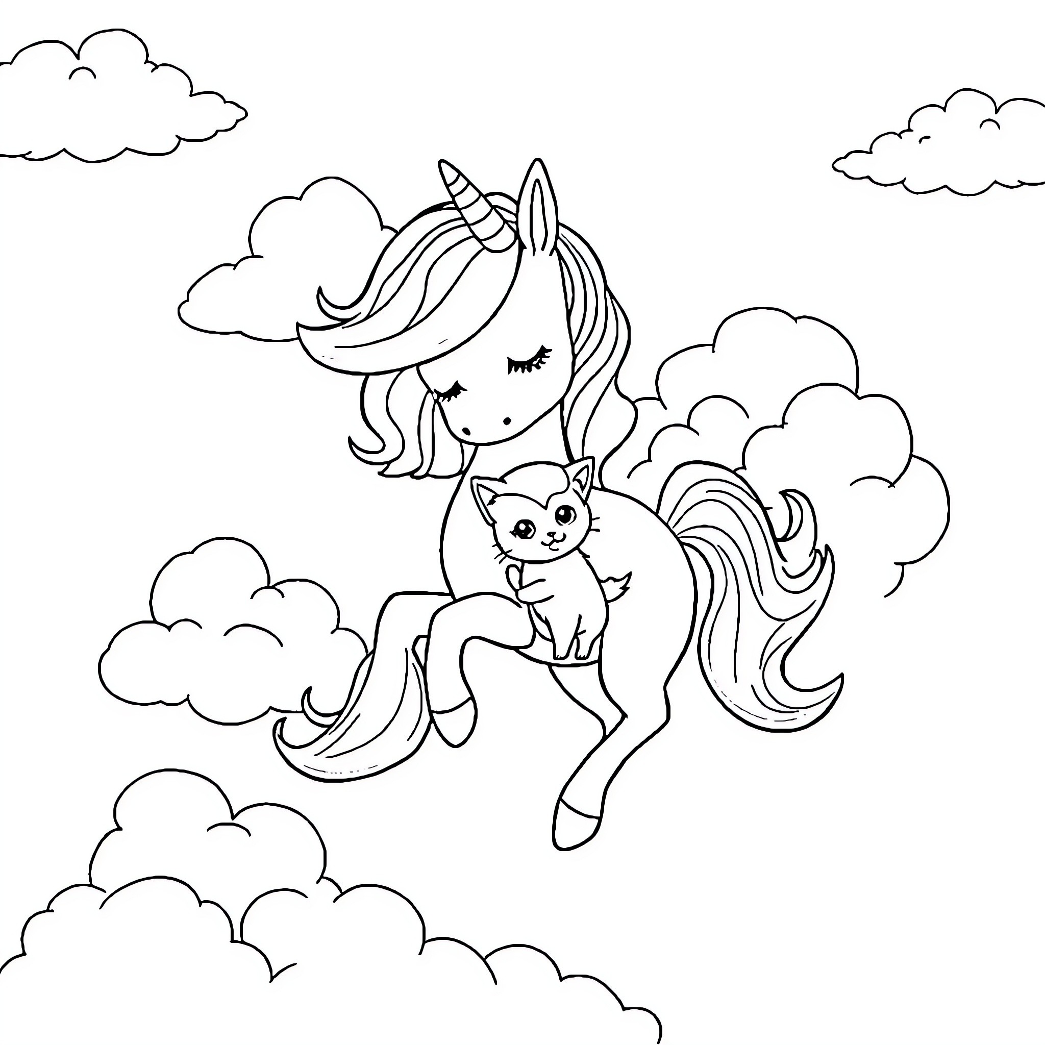 Unicorn flying with a playful kitten Coloring Page (free black-and-white line drawing printable PDF for all, from beginners to advanced learners, including children, teens, adults, and seniors)