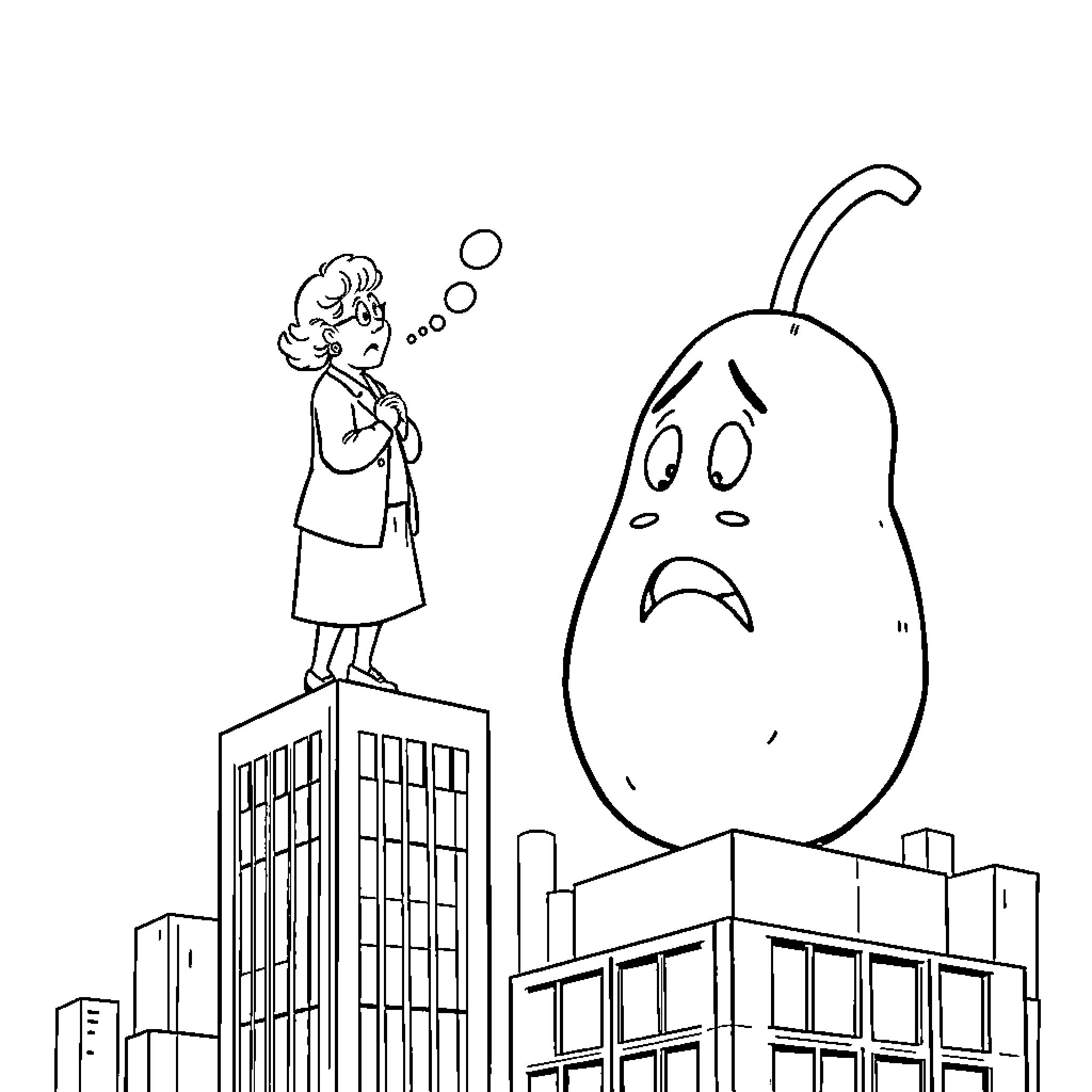 Grandma Investigates the Giant Pear in the City Coloring Page (free black-and-white line drawing printable PDF for all, from beginners to advanced learners, including children, teens, adults, and seniors)