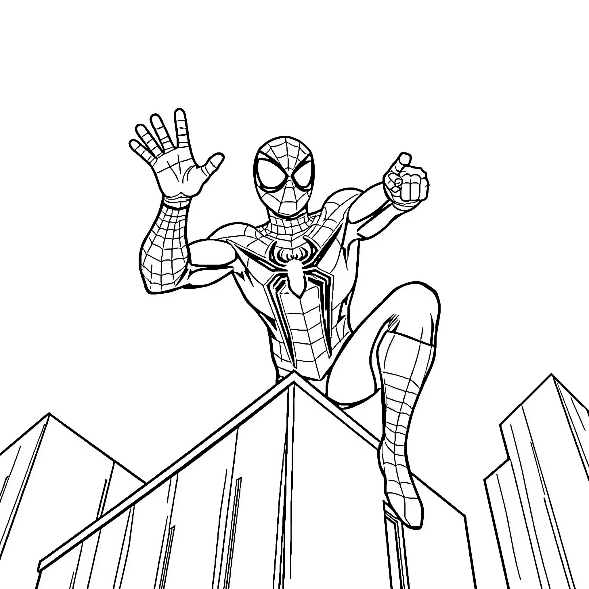 Spiderman swinging through the city skyline Coloring Page (free black-and-white line drawing printable PDF for all, from beginners to advanced learners, including children, teens, adults, and seniors)