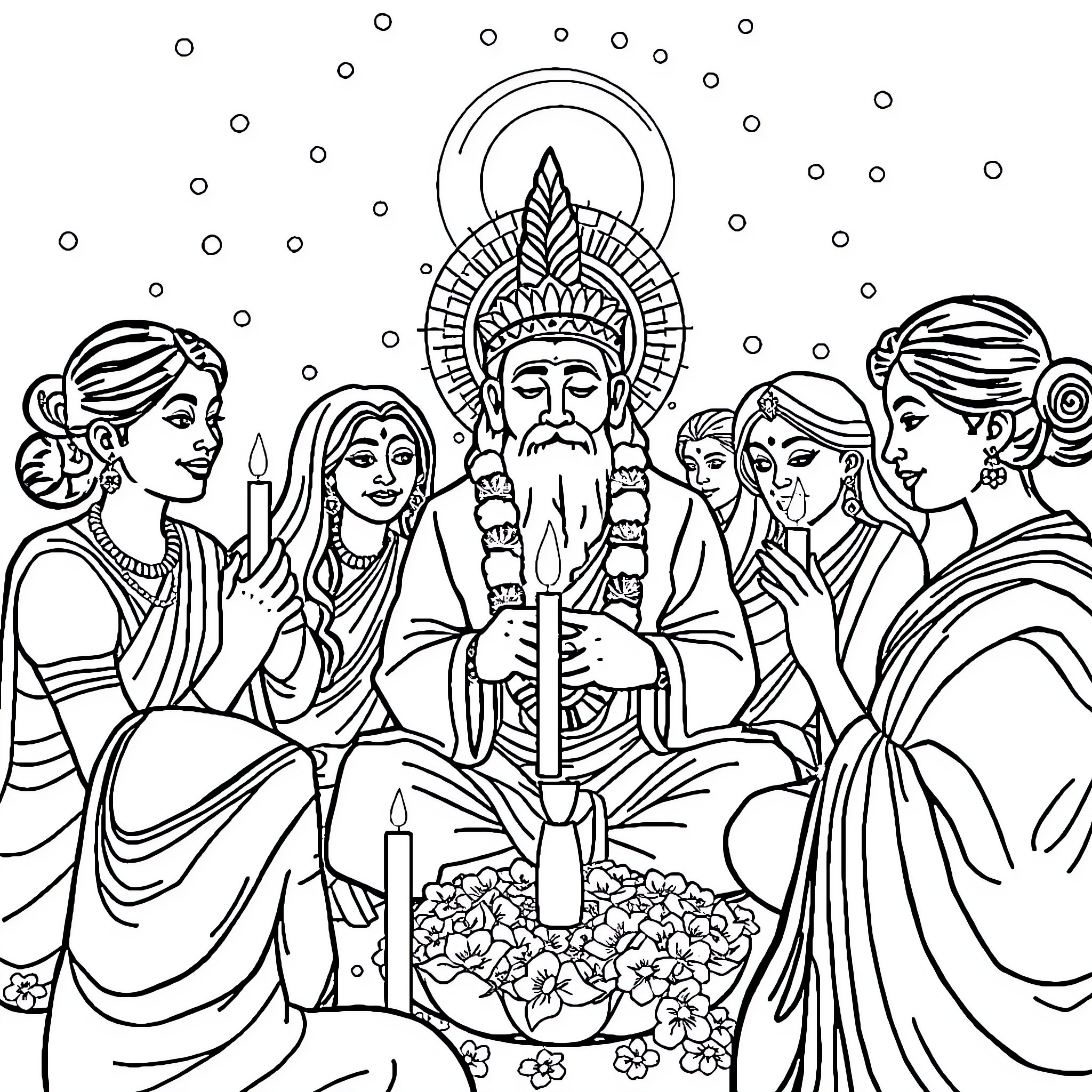 Guru Surrounded by Devotees in Ceremonial Scene Coloring Page (free black-and-white line drawing printable PDF for all, from beginners to advanced learners, including children, teens, adults, and seniors)