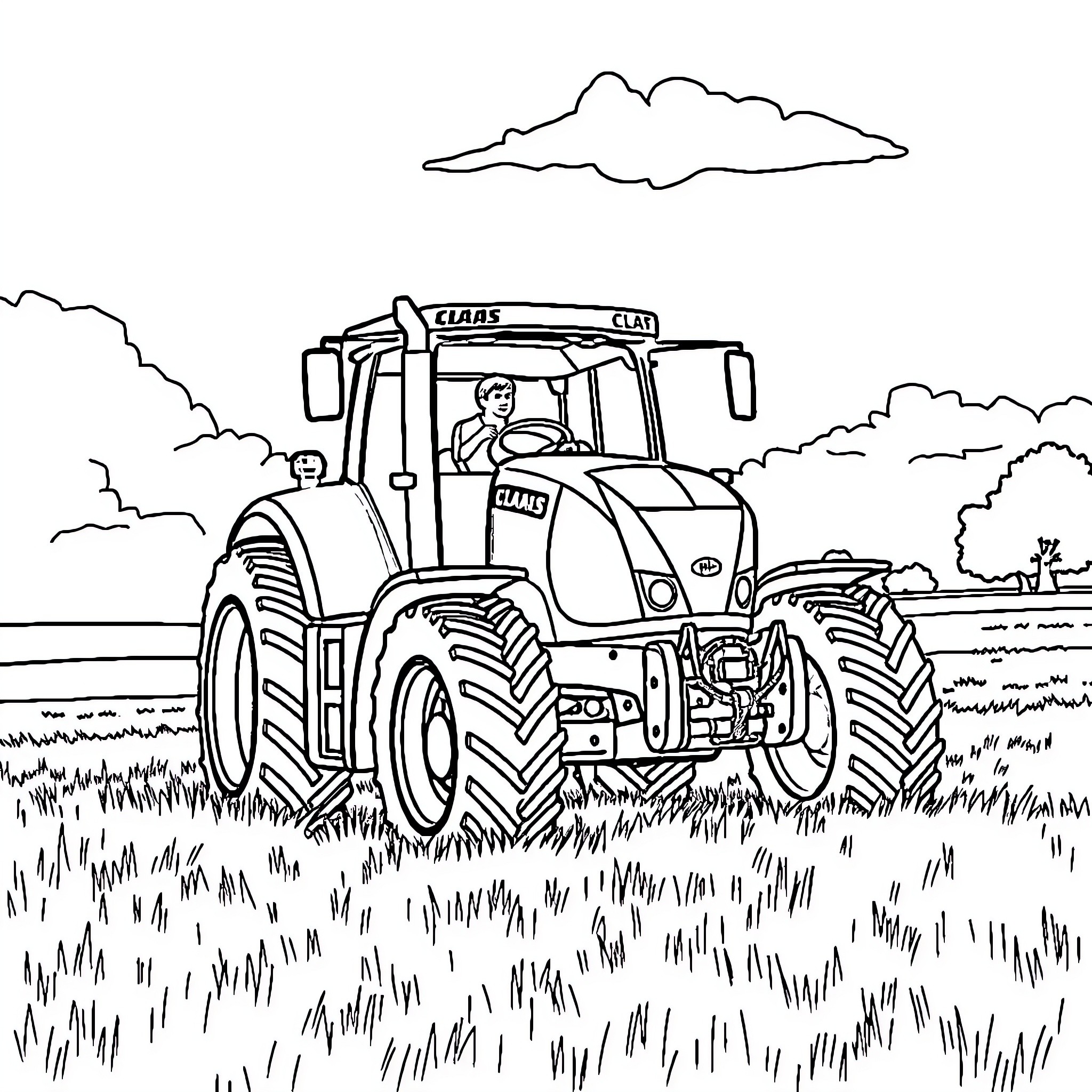 Tractor plowing through lush farmland Coloring Page (free black-and-white line drawing printable PDF for all, from beginners to advanced learners, including children, teens, adults, and seniors)