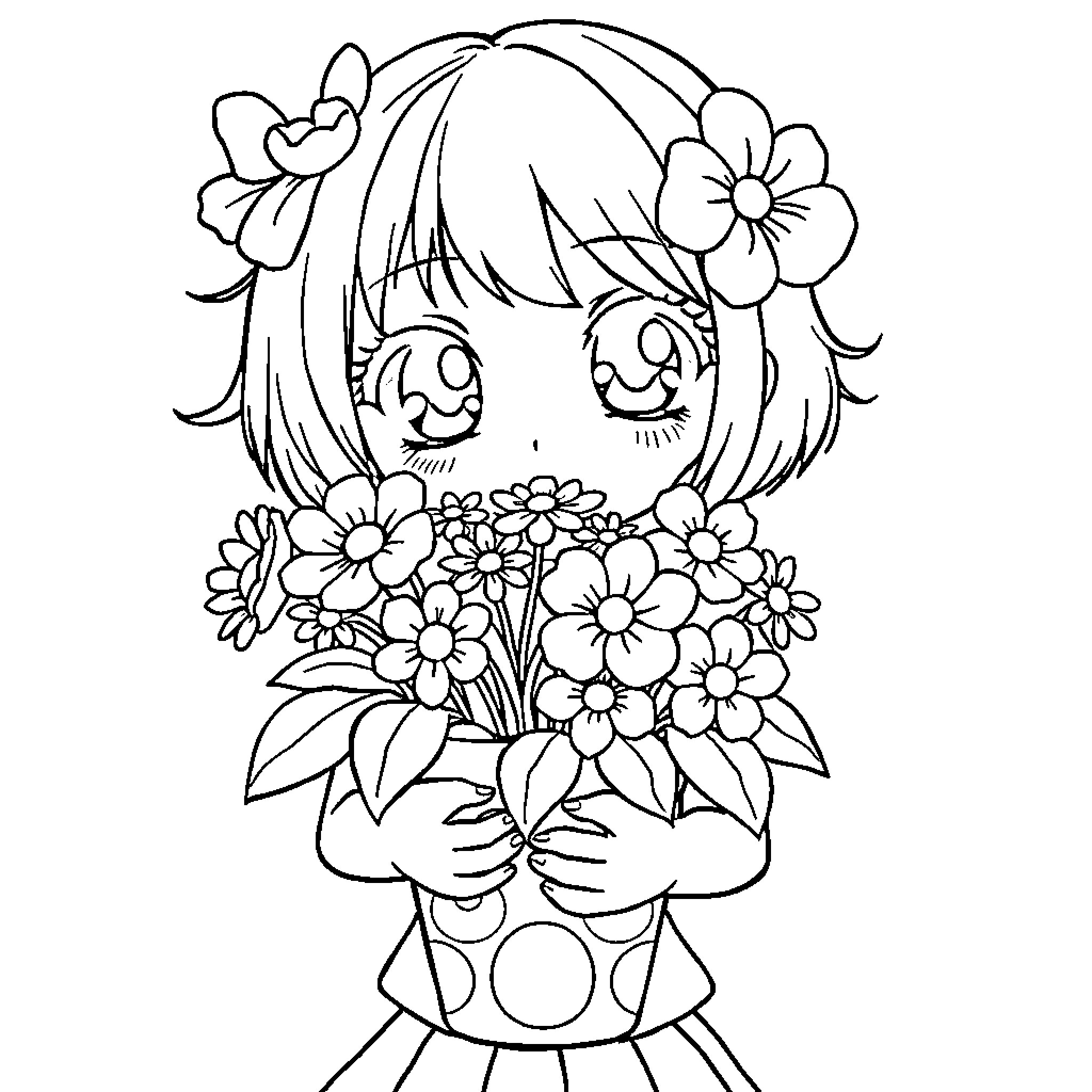 Anime Girl with Floral Bouquet Coloring Page (free black-and-white line drawing printable PDF for all, from beginners to advanced learners, including children, teens, adults, and seniors)
