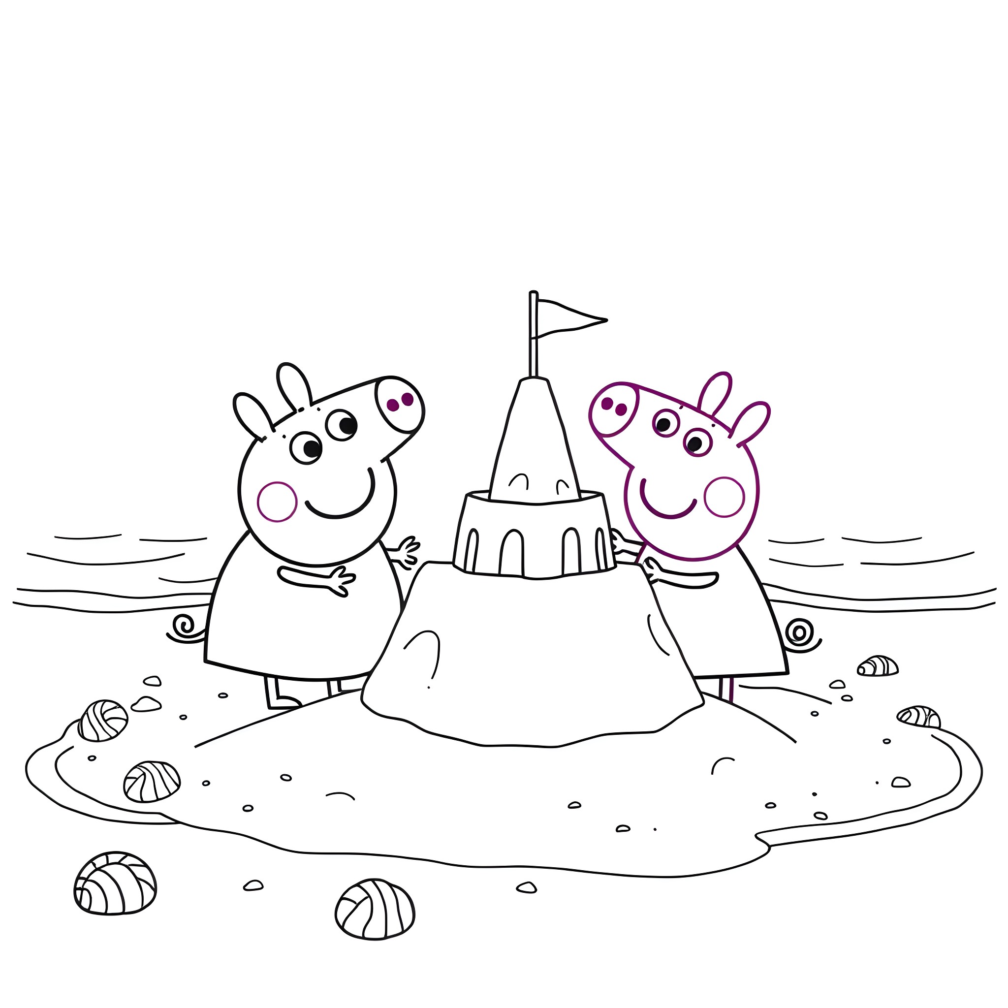 Bluey building a sandcastle with a friend Coloring Page (free black-and-white line drawing printable PDF for all, from beginners to advanced learners, including children, teens, adults, and seniors)